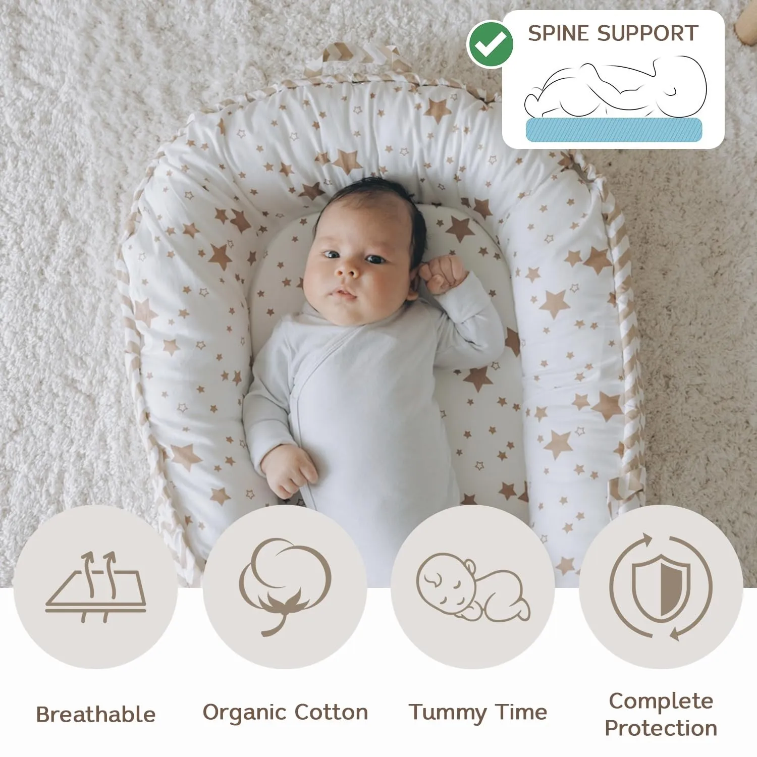 Baby Nest, Baby Lounger, Organic Cotton Lounger for Baby, Reversible Breathable Adjustable Portable - Star Collection (White/Tan)