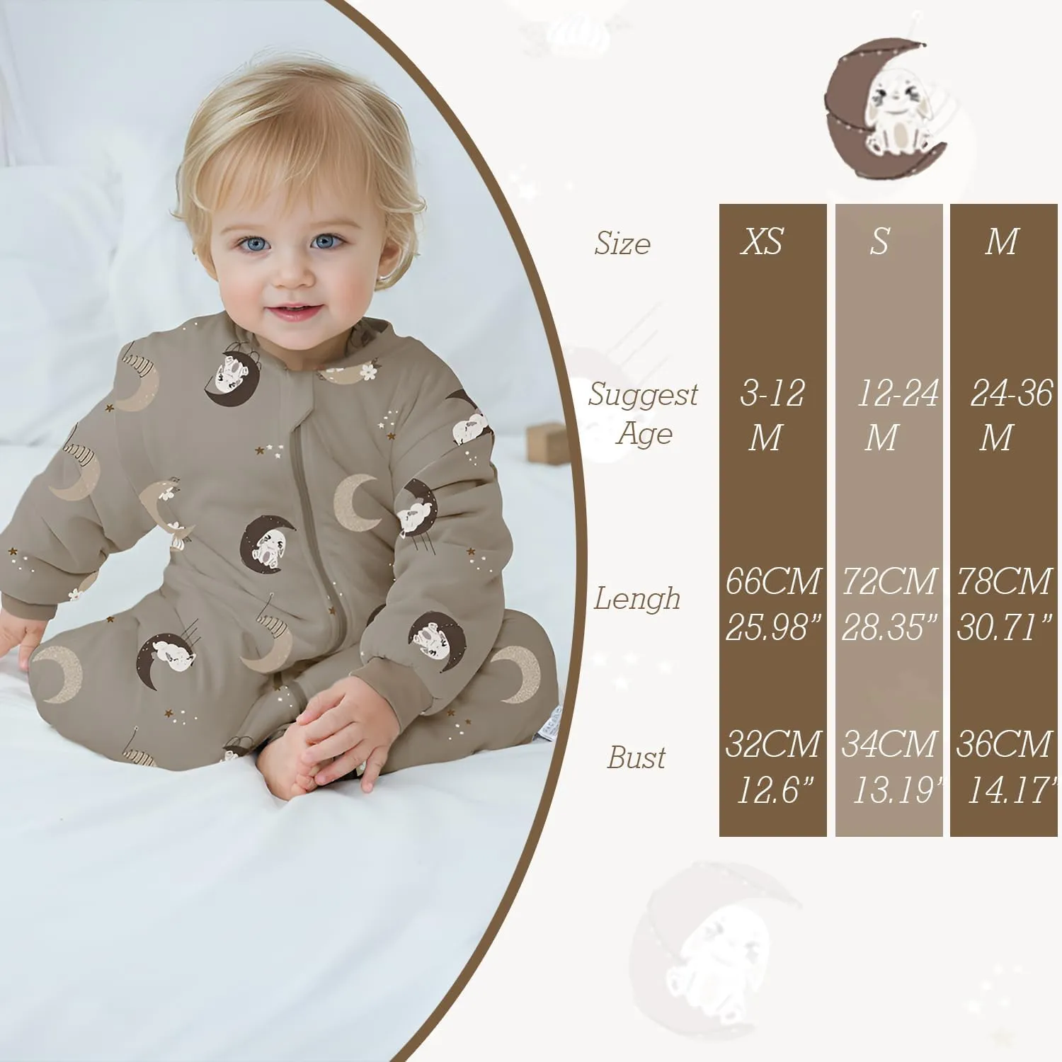 Baby Sleep Sack with Feet Winter Removable Sleeves Wearable Blanket with Legs Toddler Sleeping Bag 2.5 TOG (Bunny Moon, XS)