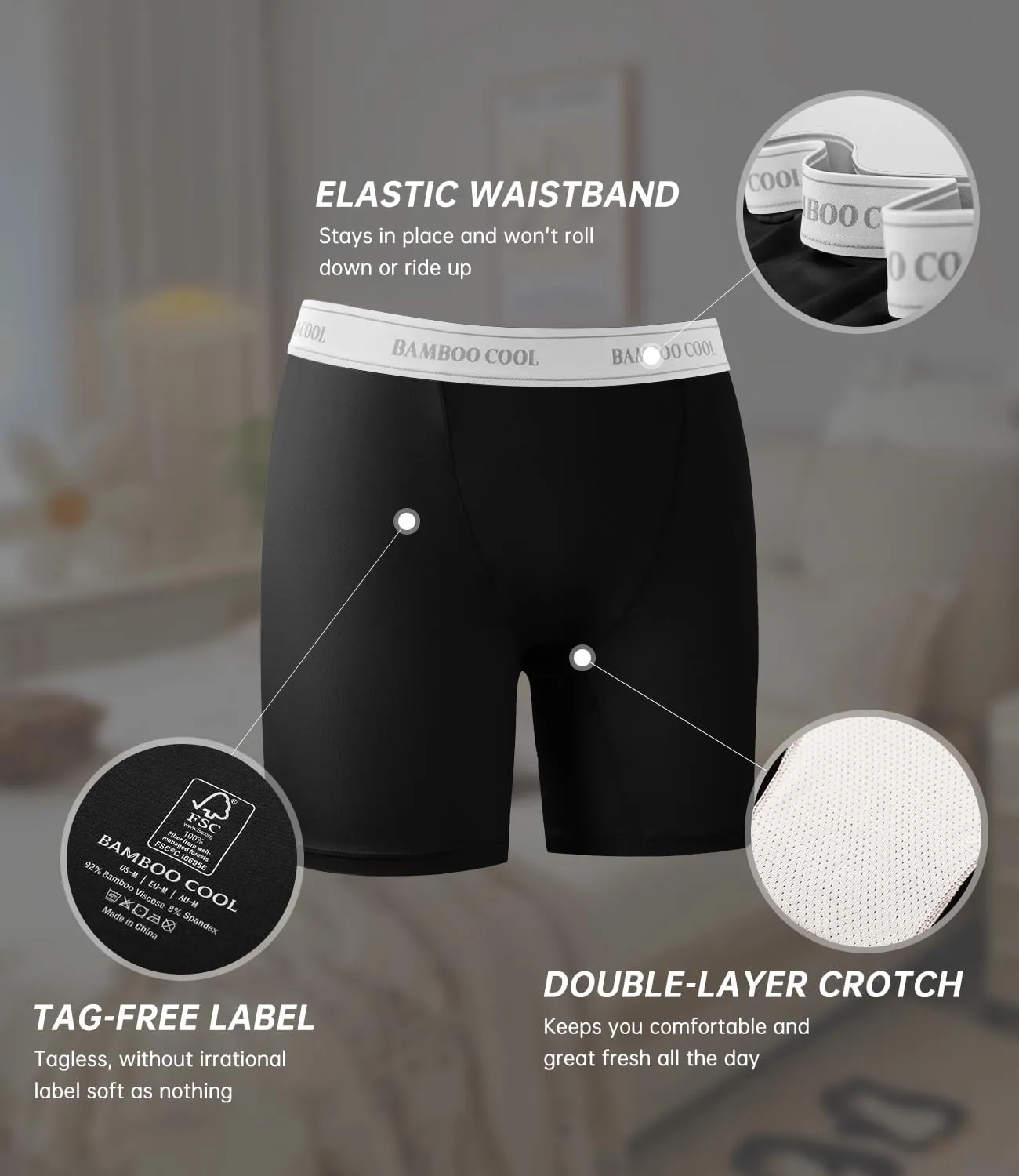 BAMBOO COOL Womens Boxer Briefs Boy Shorts Underwear Soft Stretch Panties for Women, 5-Pack