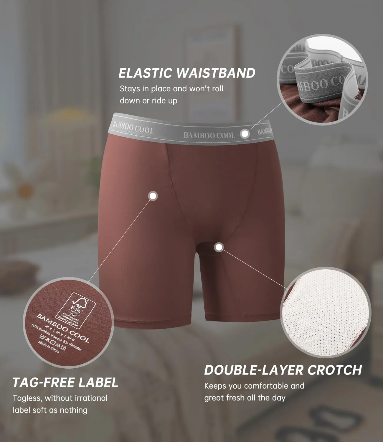 BAMBOO COOL Womens Boxer Briefs Boy Shorts Underwear Soft Stretch Panties for Women, 5-Pack