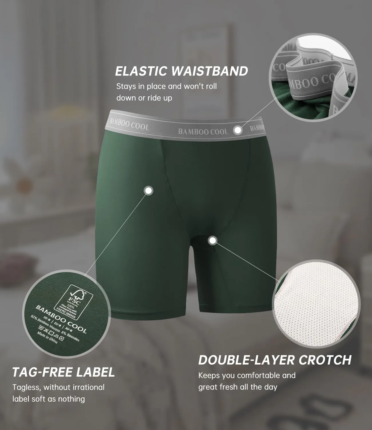 BAMBOO COOL Womens Boxer Briefs Boy Shorts Underwear Soft Stretch Panties for Women, 5-Pack