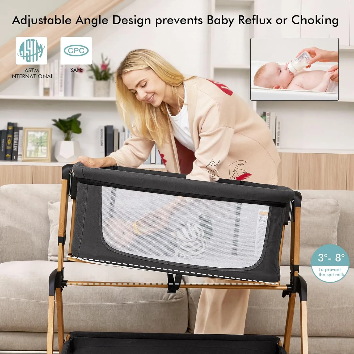 Bassinet Bedside Sleeper, Rocking Bassinets with Comfy Mattress and Wheels for Newborn, 5-Height Adjustable (Black)