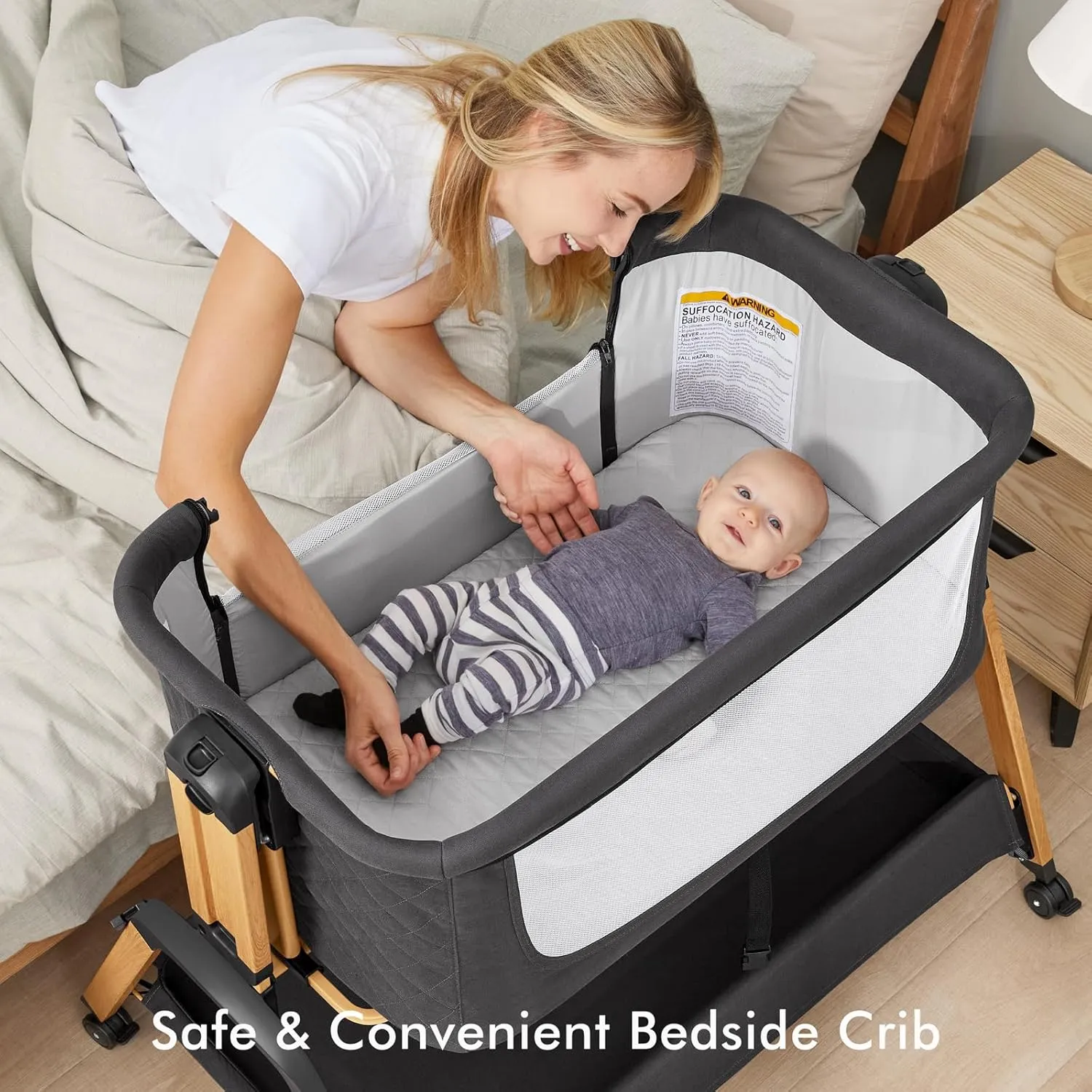 Bassinet Bedside Sleeper, Rocking Bassinets with Comfy Mattress and Wheels for Newborn, 5-Height Adjustable (Black)