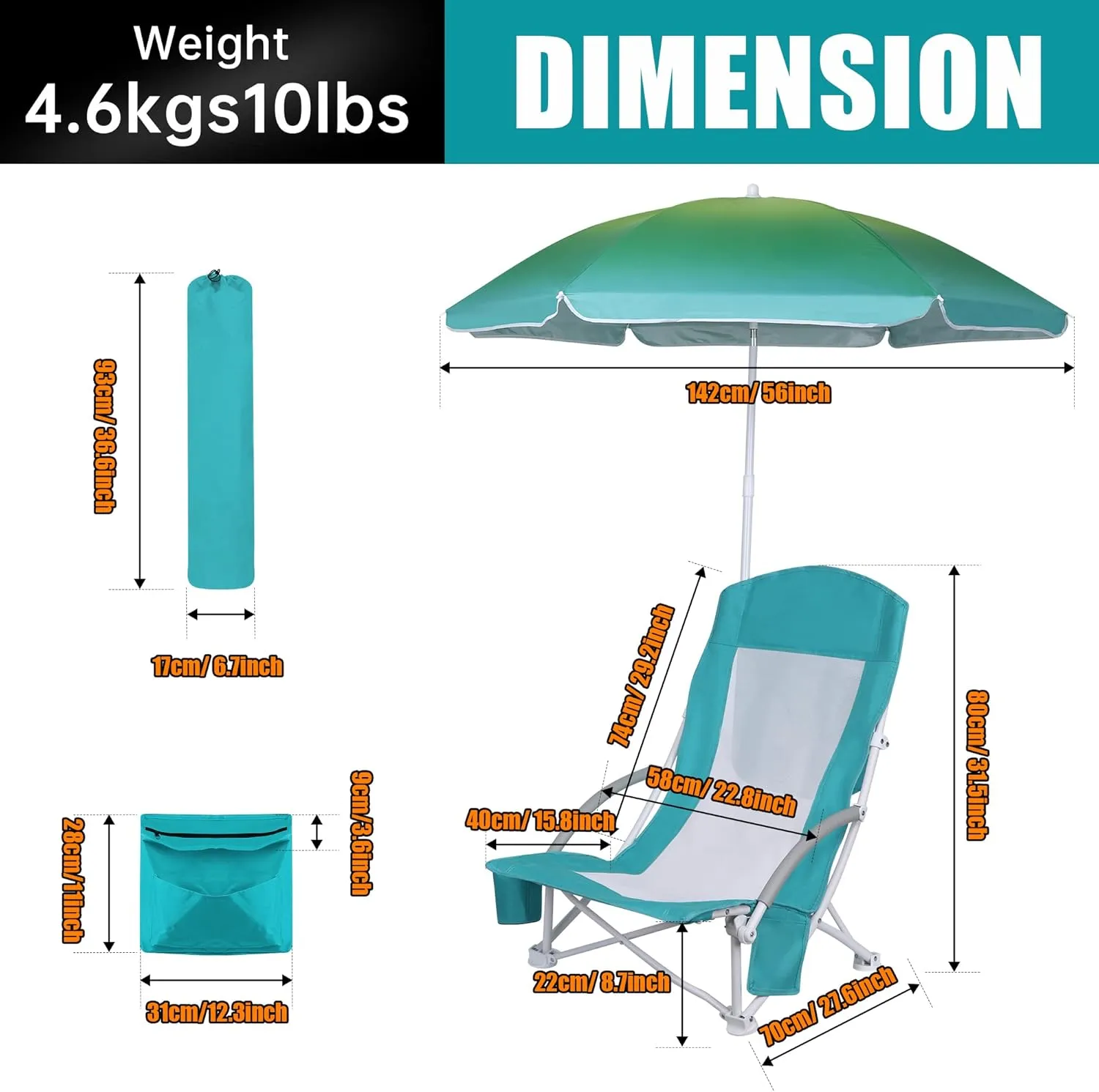 Beach Chair Beach Folding Chair for Adults Camping Chair High Back with Umbrella and Cooler Bag, Huge Shade, Portable & Lightweight for Beach, Outdoor, Camping (2, Bright Blue w/Hint Green)