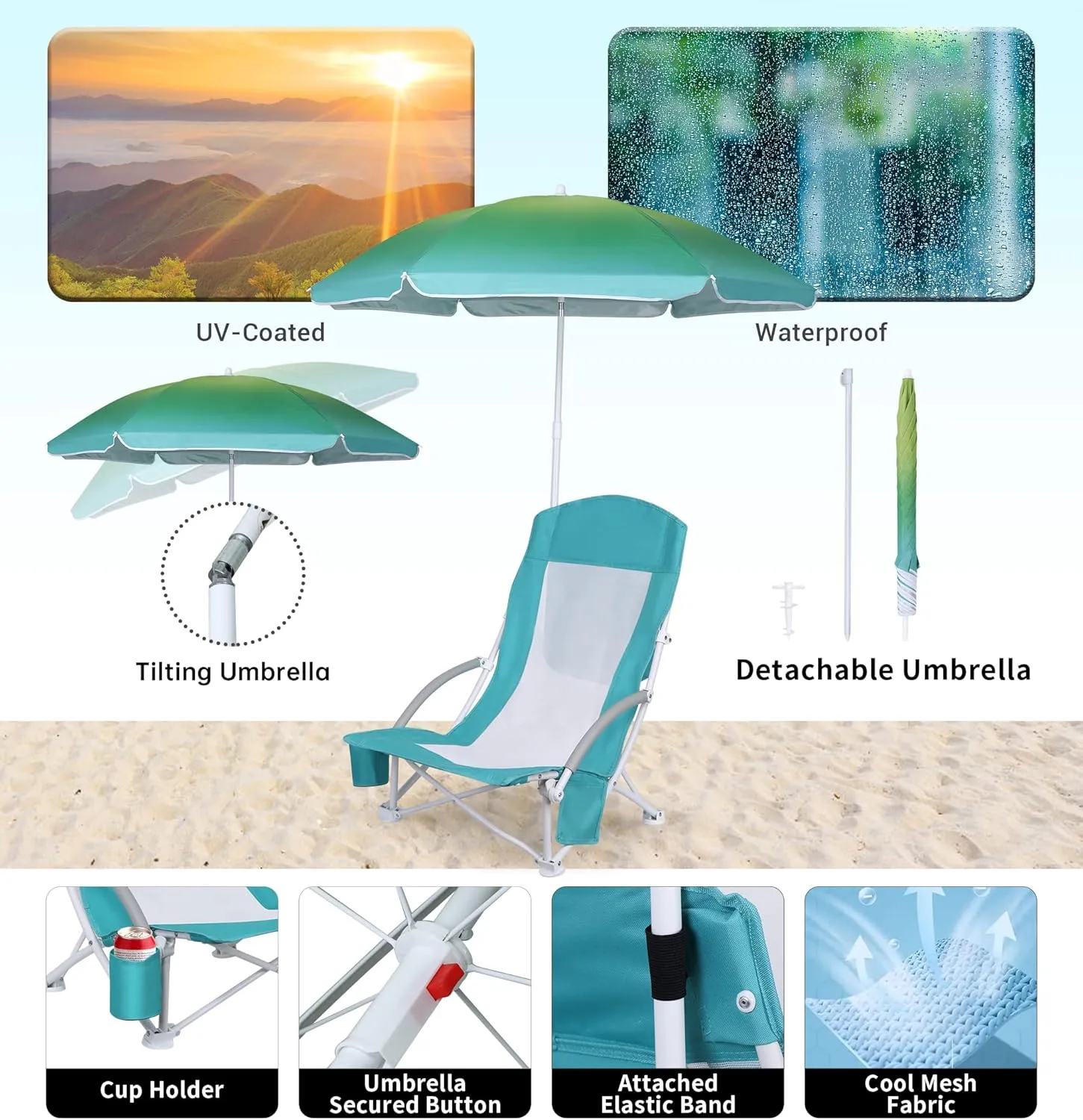 Beach Chair Beach Folding Chair for Adults Camping Chair High Back with Umbrella and Cooler Bag, Huge Shade, Portable & Lightweight for Beach, Outdoor, Camping (2, Bright Blue w/Hint Green)