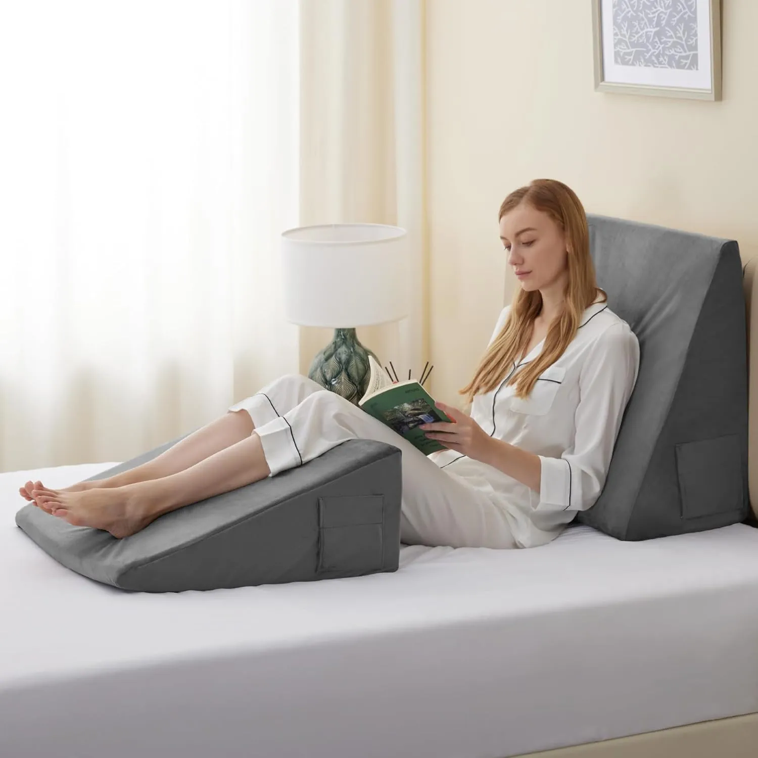Bed Wedge Pillow for Sleeping, 12 Inch Memory Foam Wedge Pillow Post Surgery, Triangle Pillows Wedge, Elevated Support Pillows for Sleeping, Acid Reflux & Snoring - Removable Washable Cover