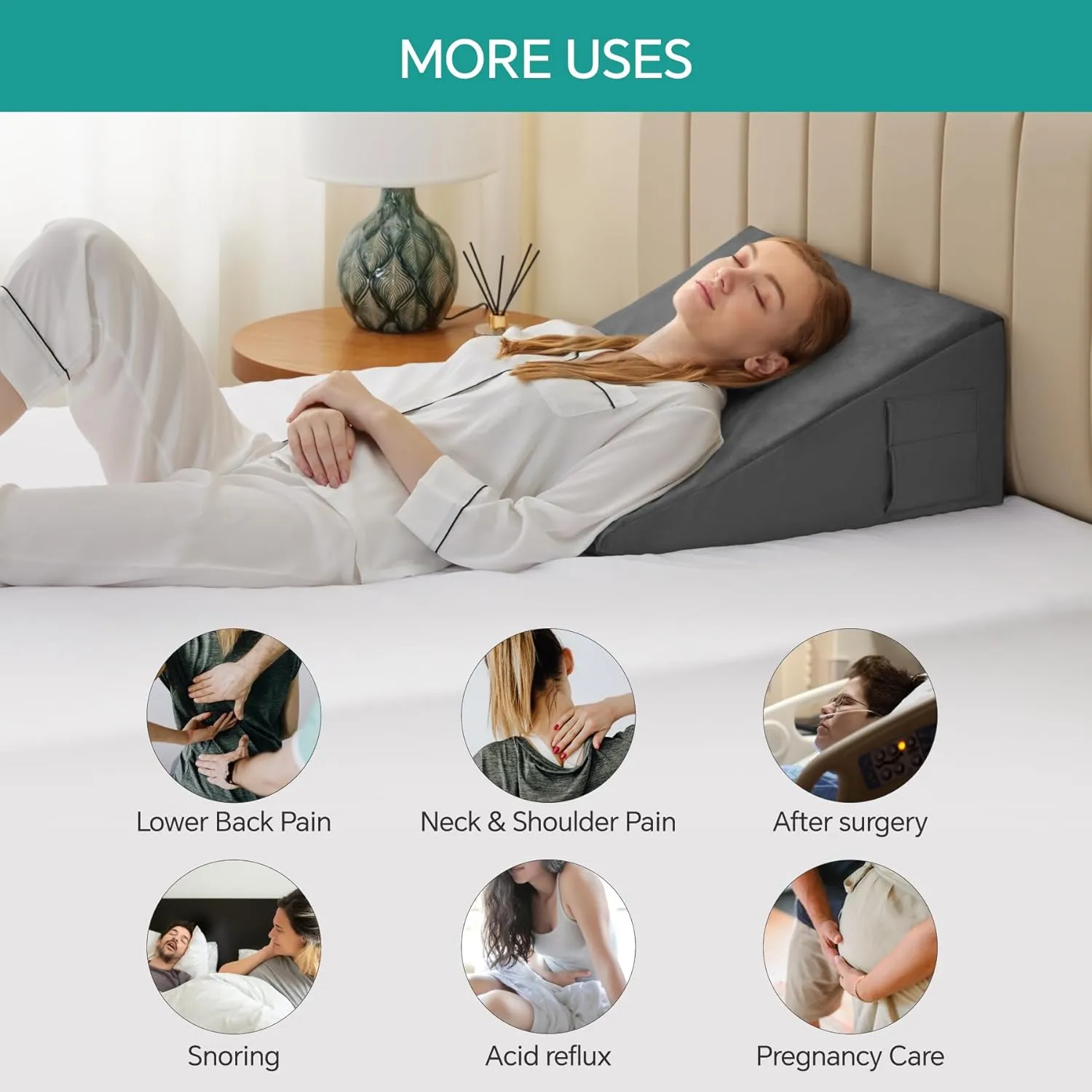 Bed Wedge Pillow for Sleeping, 8 Inch Memory Foam Wedge Pillow Post Surgery, Triangle Pillows Wedge, Elevated Support Pillows for Sleeping, Acid Reflux & Snoring - Removable Washable Cover