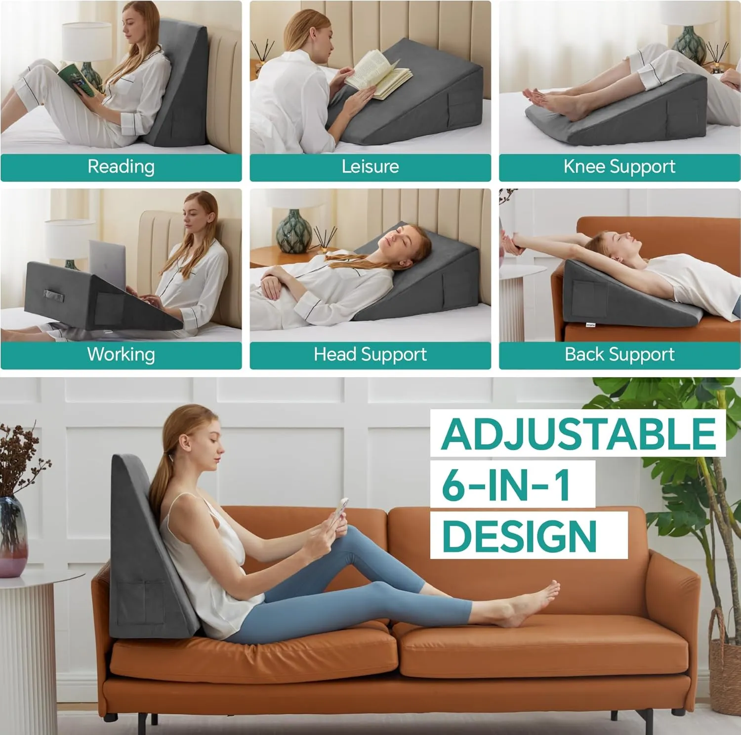 Bed Wedge Pillow for Sleeping, 8 Inch Memory Foam Wedge Pillow Post Surgery, Triangle Pillows Wedge, Elevated Support Pillows for Sleeping, Acid Reflux & Snoring - Removable Washable Cover