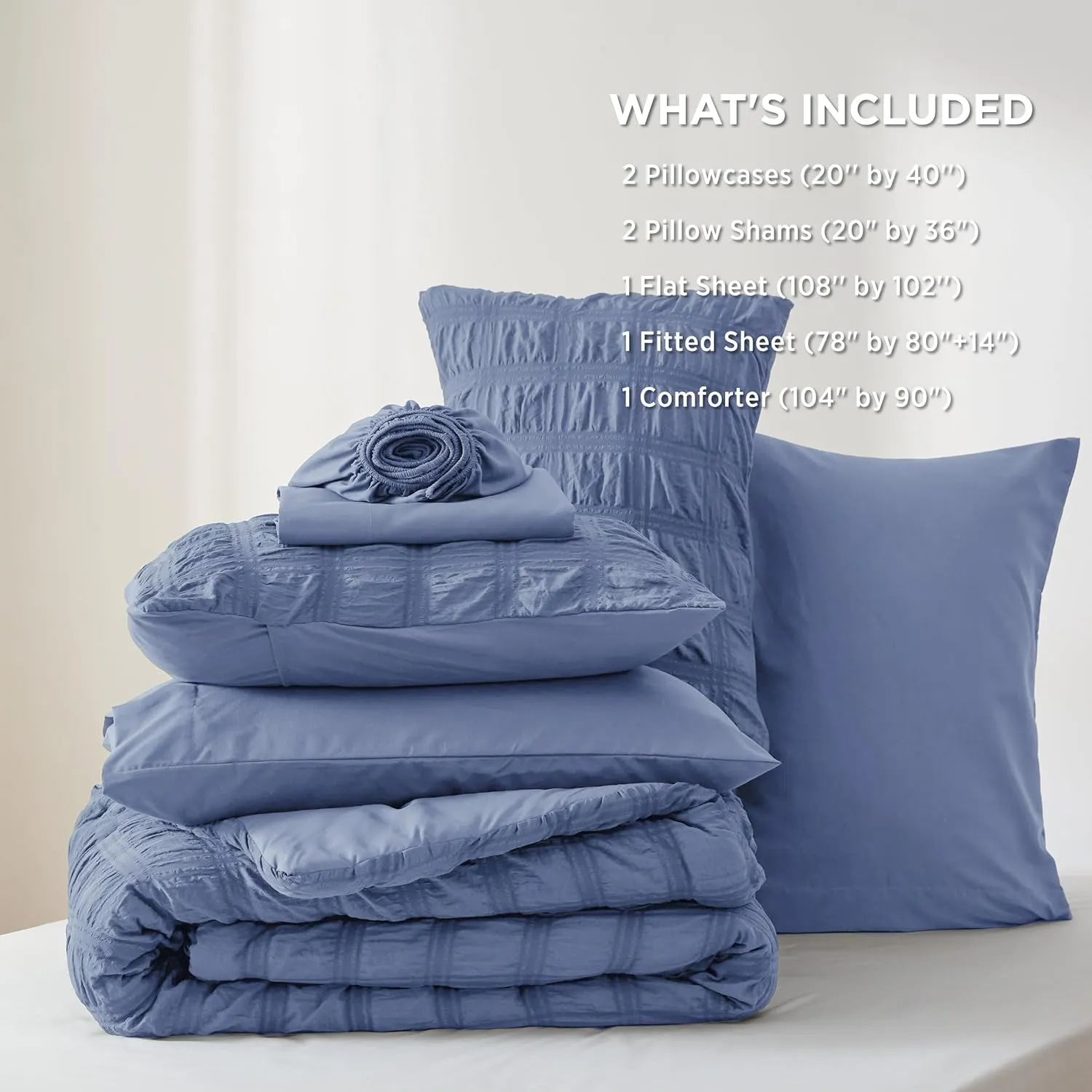Bedsure Bed in a Bag King - 7 Pieces Plaid Seersucker Bedding Comforter Sets, Soft Lightweight Mineral Blue Boho Bed Set with Comforters King Size, Sheets, Pillowcases & Shams