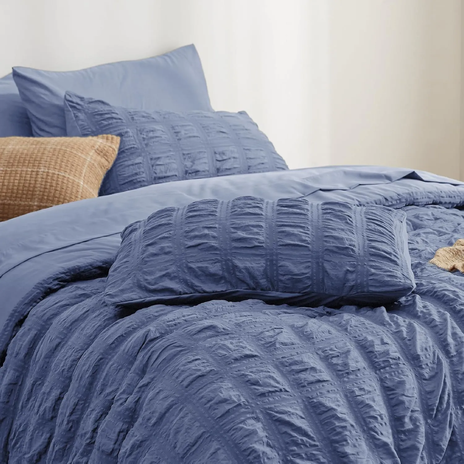 Bedsure Bed in a Bag King - 7 Pieces Plaid Seersucker Bedding Comforter Sets, Soft Lightweight Mineral Blue Boho Bed Set with Comforters King Size, Sheets, Pillowcases & Shams