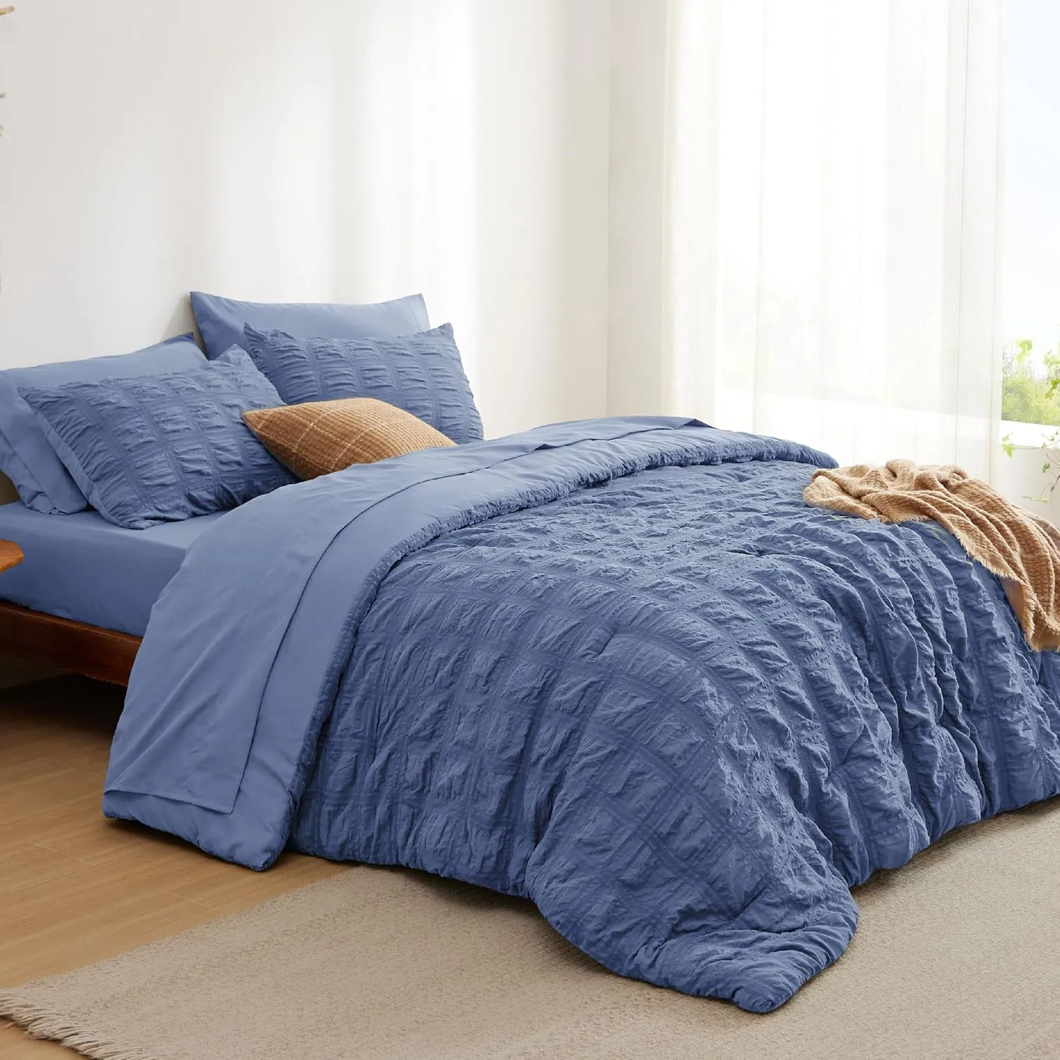 Bedsure Bed in a Bag King - 7 Pieces Plaid Seersucker Bedding Comforter Sets, Soft Lightweight Mineral Blue Boho Bed Set with Comforters King Size, Sheets, Pillowcases & Shams