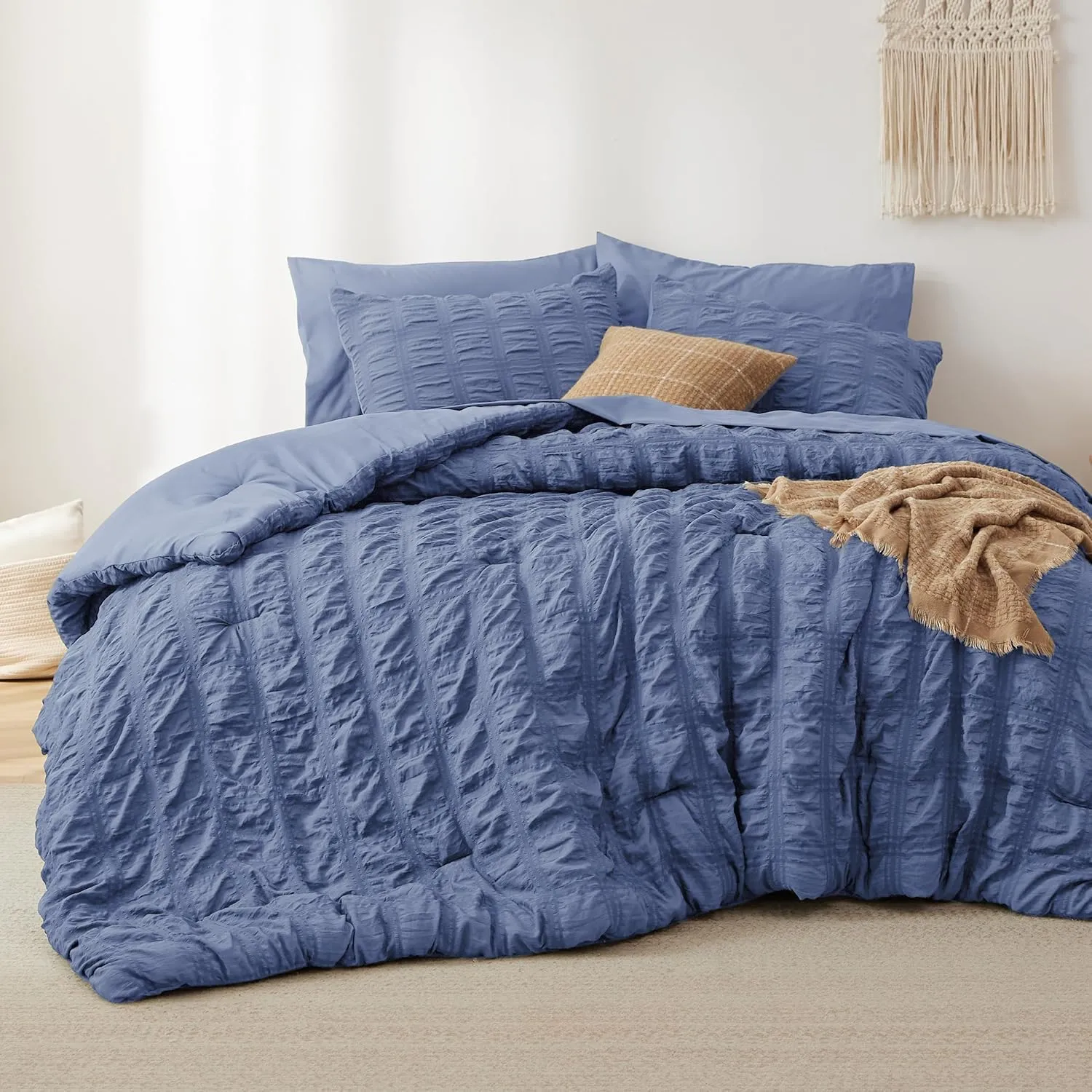 Bedsure Bed in a Bag King - 7 Pieces Plaid Seersucker Bedding Comforter Sets, Soft Lightweight Mineral Blue Boho Bed Set with Comforters King Size, Sheets, Pillowcases & Shams