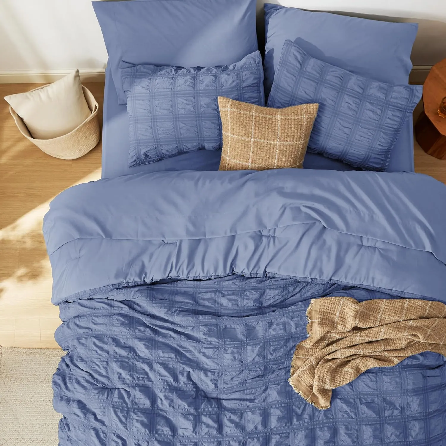 Bedsure Bed in a Bag King - 7 Pieces Plaid Seersucker Bedding Comforter Sets, Soft Lightweight Mineral Blue Boho Bed Set with Comforters King Size, Sheets, Pillowcases & Shams