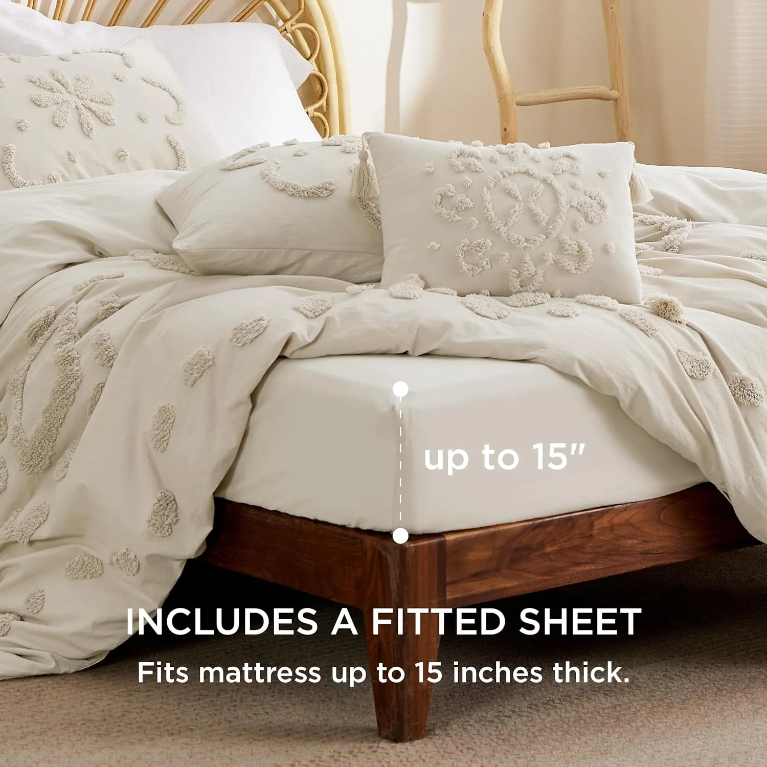 Bedsure Cotton Duvet Cover King Size - Tufted Beige Duvet Cover Set, 5-Piece Shabby Chic Boho Bedding Set with Fitted Sheet, Soft and Breathable Bedding Set with 2 Pillowcases(King, 104"x90")