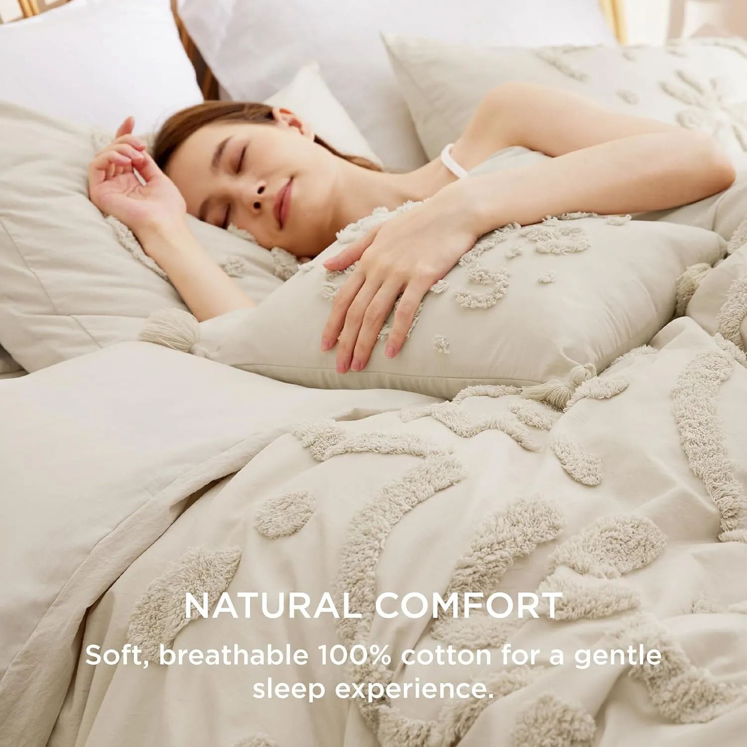 Bedsure Cotton Duvet Cover King Size - Tufted Beige Duvet Cover Set, 5-Piece Shabby Chic Boho Bedding Set with Fitted Sheet, Soft and Breathable Bedding Set with 2 Pillowcases(King, 104"x90")