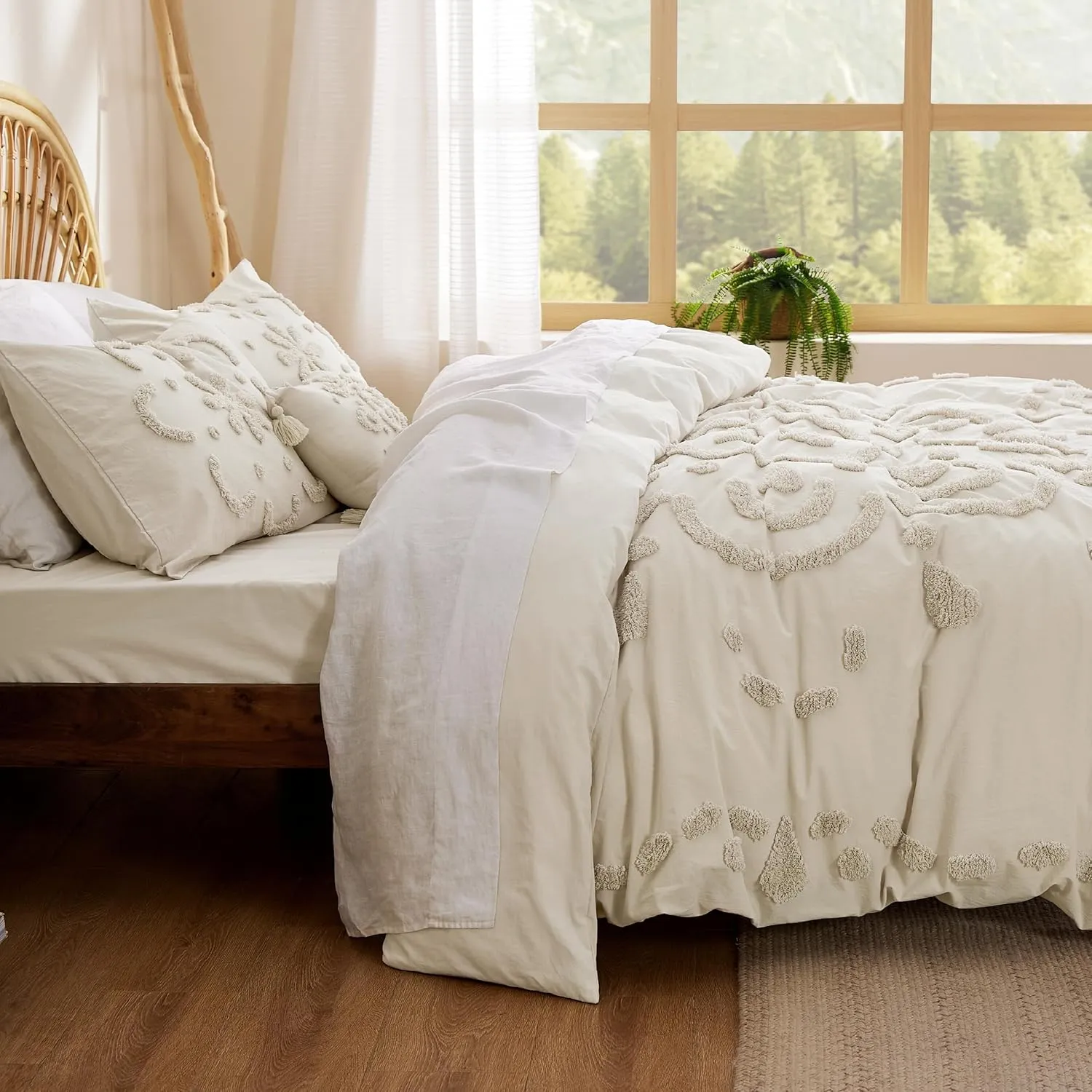 Bedsure Cotton Duvet Cover King Size - Tufted Beige Duvet Cover Set, 5-Piece Shabby Chic Boho Bedding Set with Fitted Sheet, Soft and Breathable Bedding Set with 2 Pillowcases(King, 104"x90")