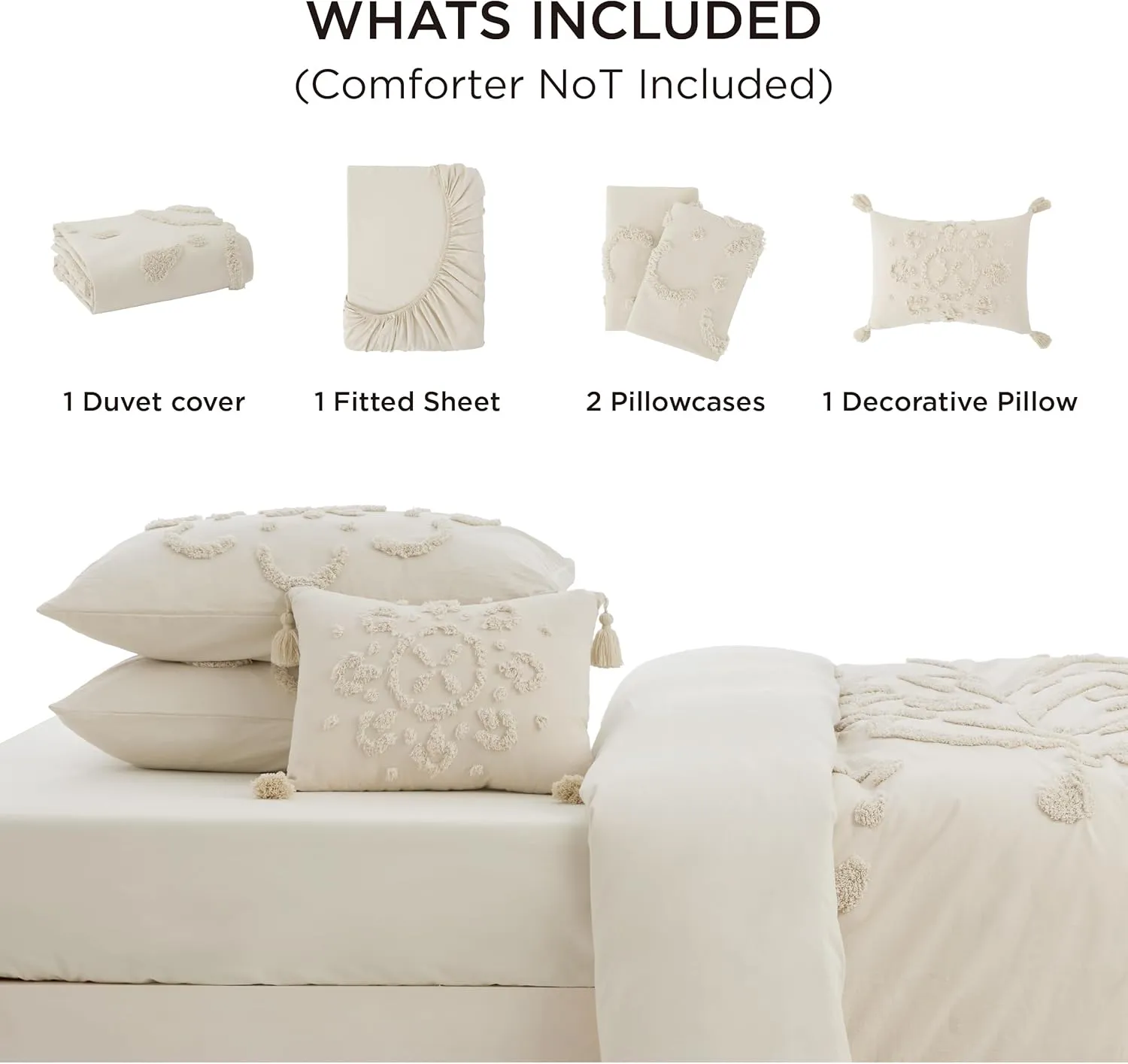 Bedsure Cotton Duvet Cover King Size - Tufted Beige Duvet Cover Set, 5-Piece Shabby Chic Boho Bedding Set with Fitted Sheet, Soft and Breathable Bedding Set with 2 Pillowcases(King, 104"x90")