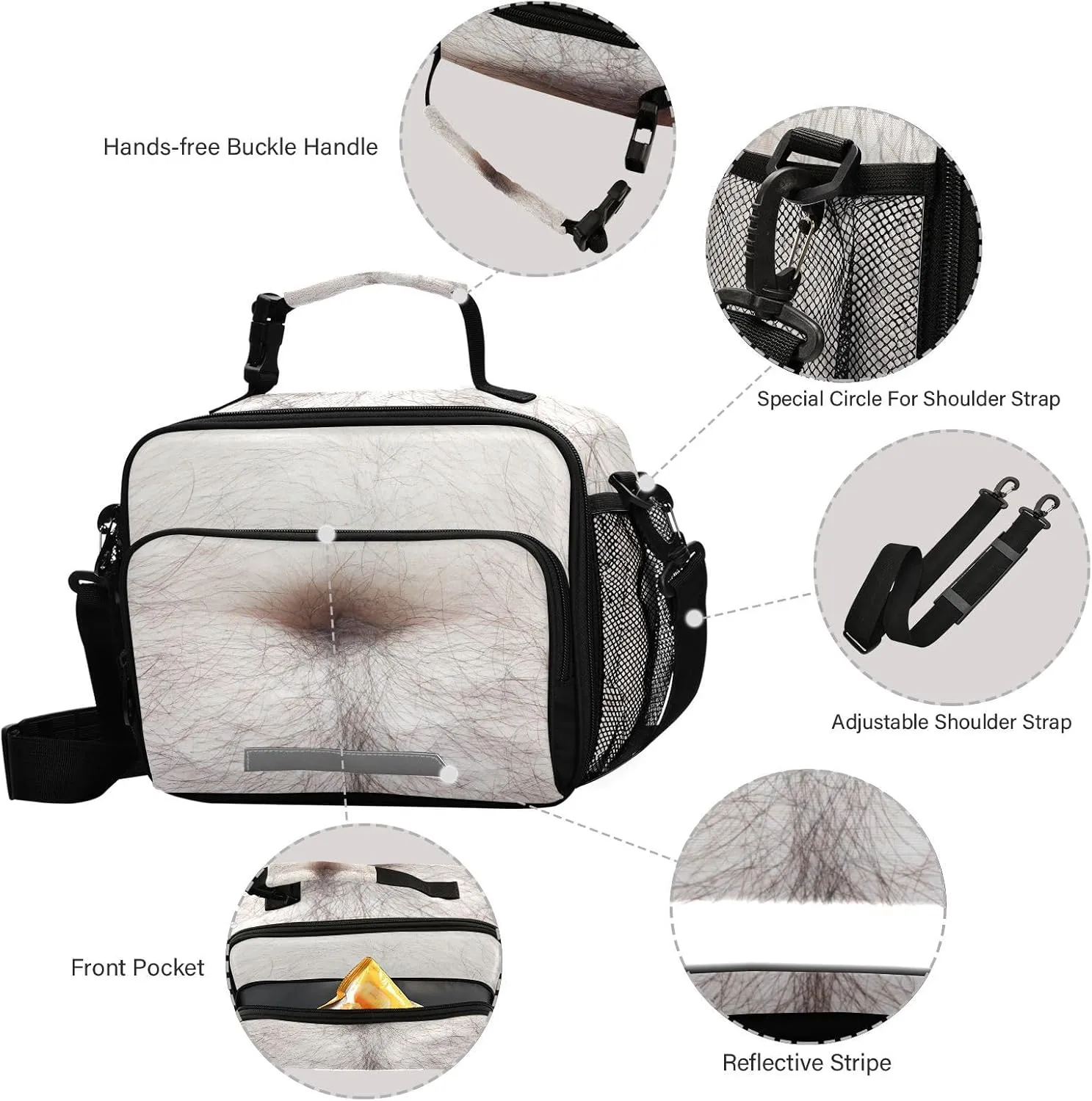 Beer Belly Funny Lunch Bag for Women Men Hairy Stomach Insulated Cooler Tote Bag with Adjustable Shoulder Strap Large Capacity Reusable Leakproof Picnic Lunch Box Outdoor for Adult Office