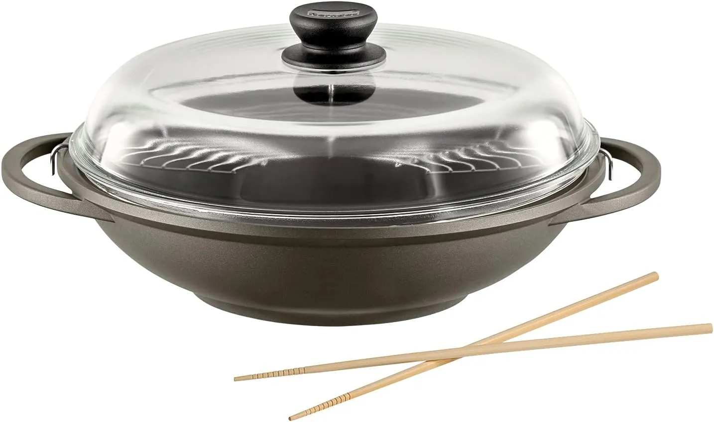 Berndes Classics Bonanza Wok 32 cm with Glass Lid and Sticks 3-Layer Non-Stick Coating and Wooden Handle Robust Cast Aluminium Non-Stick Coating Grey