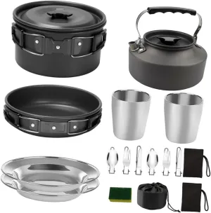 BESPORTBLE 1set Camping Cookware for People Portable Outdoor Tableware Kit Non-Stick Frying Pan Soup Pot Kettle Utensils for Camping Backpacking and Picnics Black