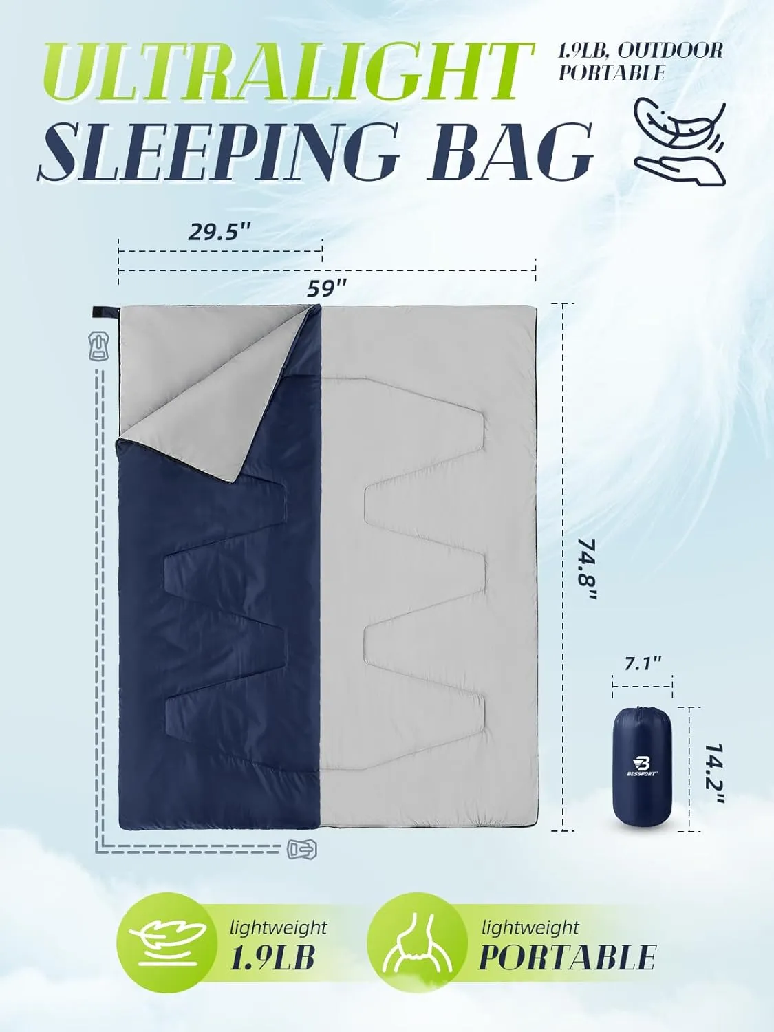 Bessport Lightweight Sleeping Bag, Ultralight Backpacking Sleeping Bag, 3 Season Waterproof for Adults Kids, Outdoor, Hiking, Camping