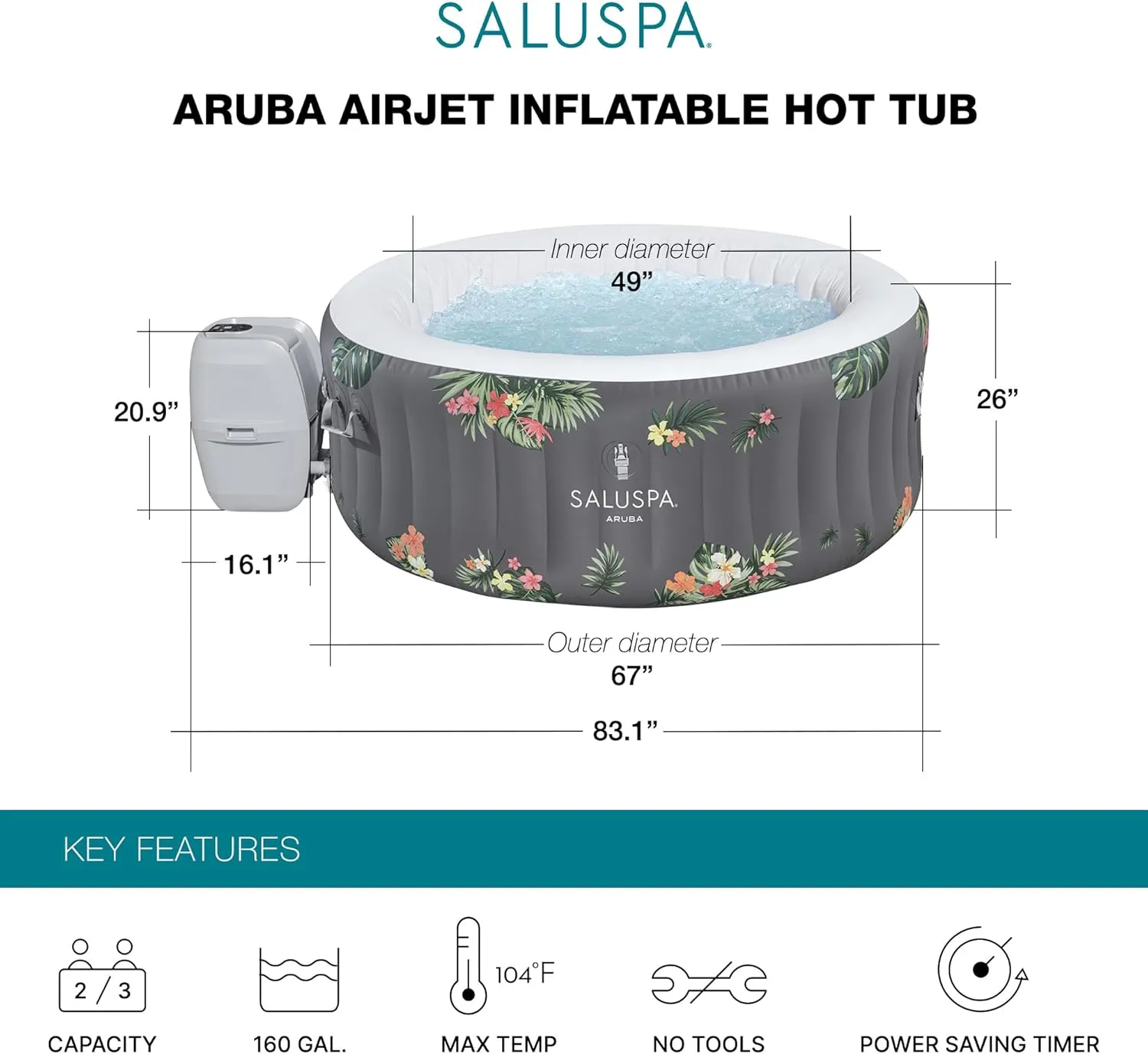 Bestway SaluSpa Sun Shade Canopy Bundled with Aruba SaluSpa Inflatable Outdoor Hot Tub with 110 Soothing AirJets and Insulated Cover