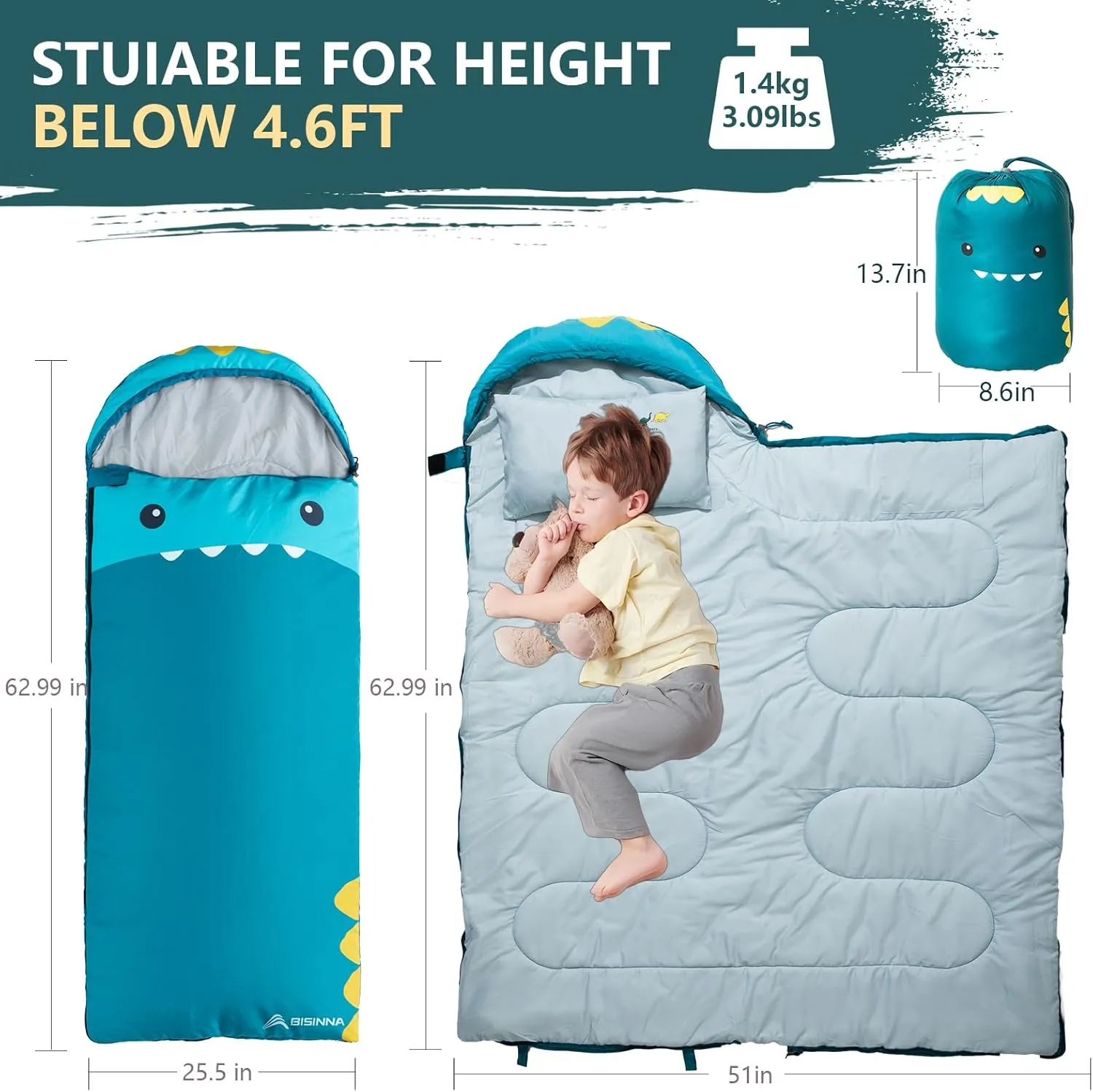 BISINNA Kids Sleeping Bag for Boys Girls with Pillow 3 Season Camping Sleeping Bag Portable for Children Hiking Backpacking Indoor Outdoor