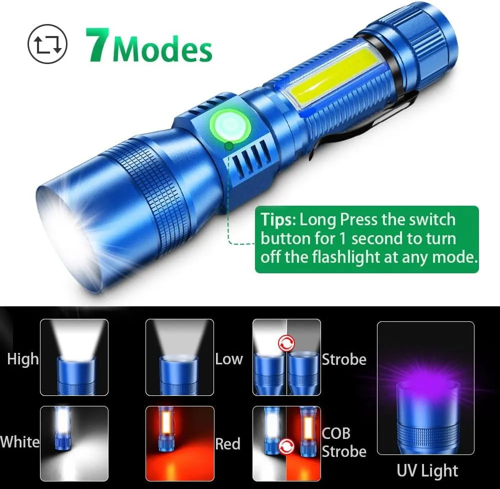 Black Light Flashlights, 3-in-1 UV Flashlight with Clip, Magnetic Base, COB Light, Tactical Rechargeable Flashlight, High Lumens 7 Modes LED Flashlight 2pack with case - Blue