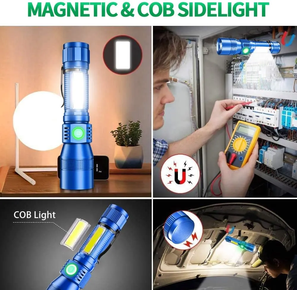 Black Light Flashlights, 3-in-1 UV Flashlight with Clip, Magnetic Base, COB Light, Tactical Rechargeable Flashlight, High Lumens 7 Modes LED Flashlight 2pack with case - Blue