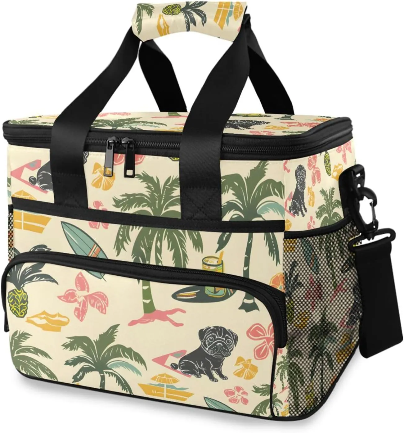 Black Pug Palm Tree Plant Cooler Bag Insulated Cooler Soft Sided Cooler 24 Can Portable Picnic Bag Large Leakproof Lunch Bag Box for Beach Grocery Camping Travel Car Men Women