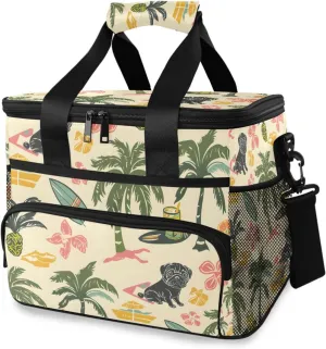 Black Pug Palm Tree Plant Cooler Bag Insulated Cooler Soft Sided Cooler 24 Can Portable Picnic Bag Large Leakproof Lunch Bag Box for Beach Grocery Camping Travel Car Men Women