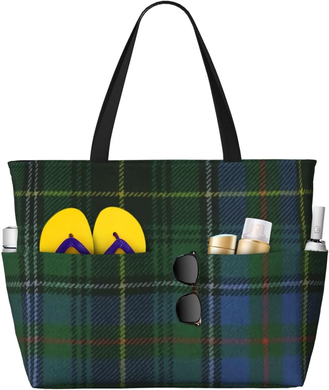 Black Watch Ancient Original Scottish Tartan Oversized Beach Tote With Zipper Pockets – Lightweight, Washable, And Spacious Travel Bag, Beach Vacation Essentials For Women
