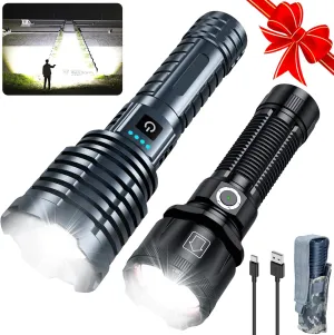 Black&Grey Flashlights High Lumens Rechargeable,Super Bright LED Flashlight with 10 Light Modes, Zoomable, IP67 Waterproof, Powerful Tactical Flashlight for Home Emergencies