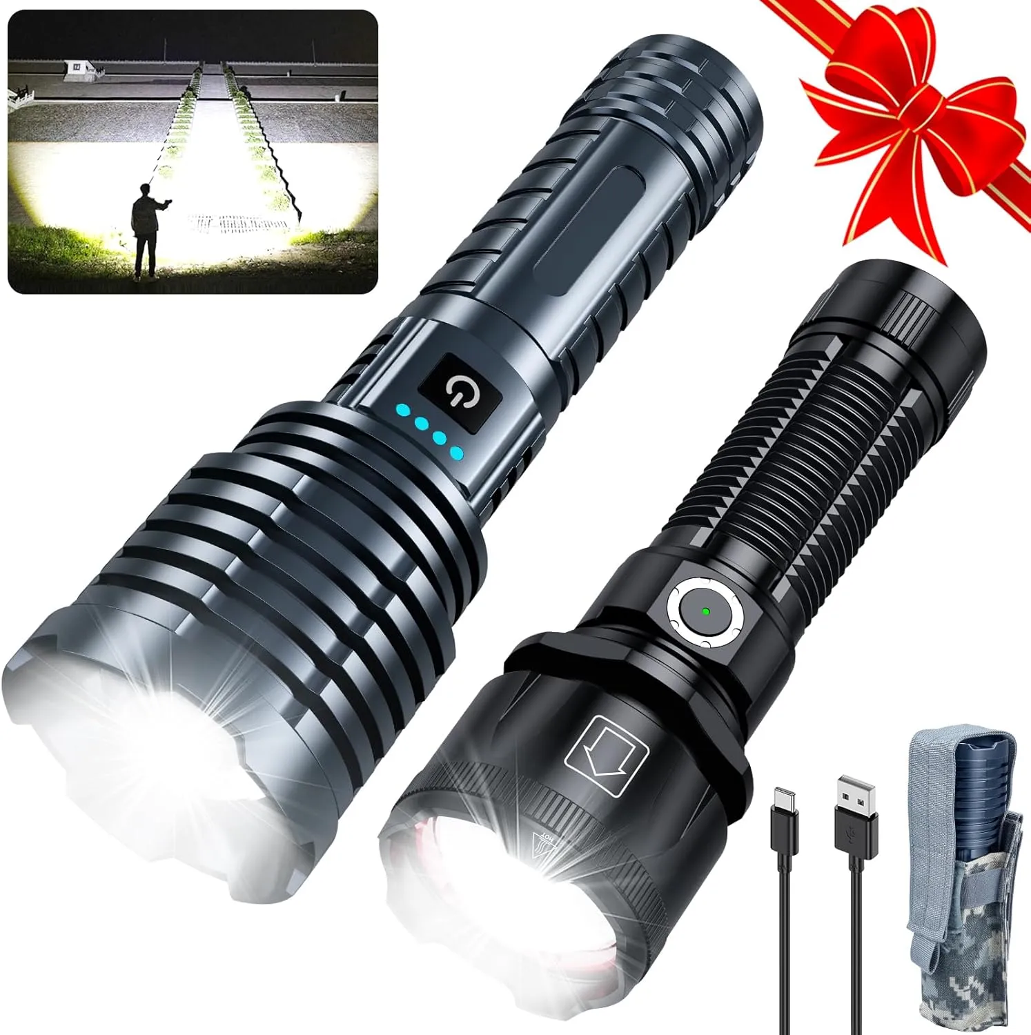 Black&Grey Flashlights High Lumens Rechargeable,Super Bright LED Flashlight with 10 Light Modes, Zoomable, IP67 Waterproof, Powerful Tactical Flashlight for Home Emergencies
