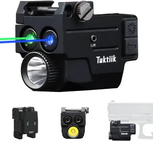 Blue Green Laser Light Combo for Pistol, 500 Lumens 3in1 Tactical Flashlight Laser Combo, USB Rechargeable Built-in Battery, Adjustable Compact Tactical Flashlight Laser Sights for Handguns