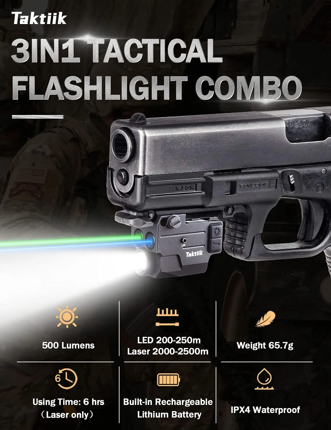 Blue Green Laser Light Combo for Pistol, 500 Lumens 3in1 Tactical Flashlight Laser Combo, USB Rechargeable Built-in Battery, Adjustable Compact Tactical Flashlight Laser Sights for Handguns