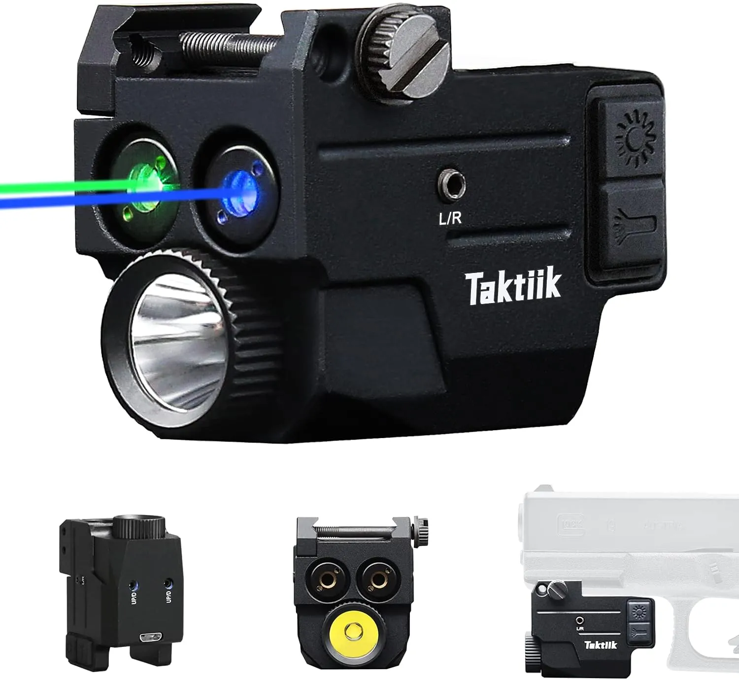 Blue Green Laser Light Combo for Pistol, 500 Lumens 3in1 Tactical Flashlight Laser Combo, USB Rechargeable Built-in Battery, Adjustable Compact Tactical Flashlight Laser Sights for Handguns