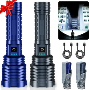 Blue&Grey Super Bright Rechargeable LED Flashlights，True High Lumens, Powerful Tactical Flashlight Up to 25H Long Battery Life |Zoomable|5Light Modes|IP67 Water Resistant for Camping