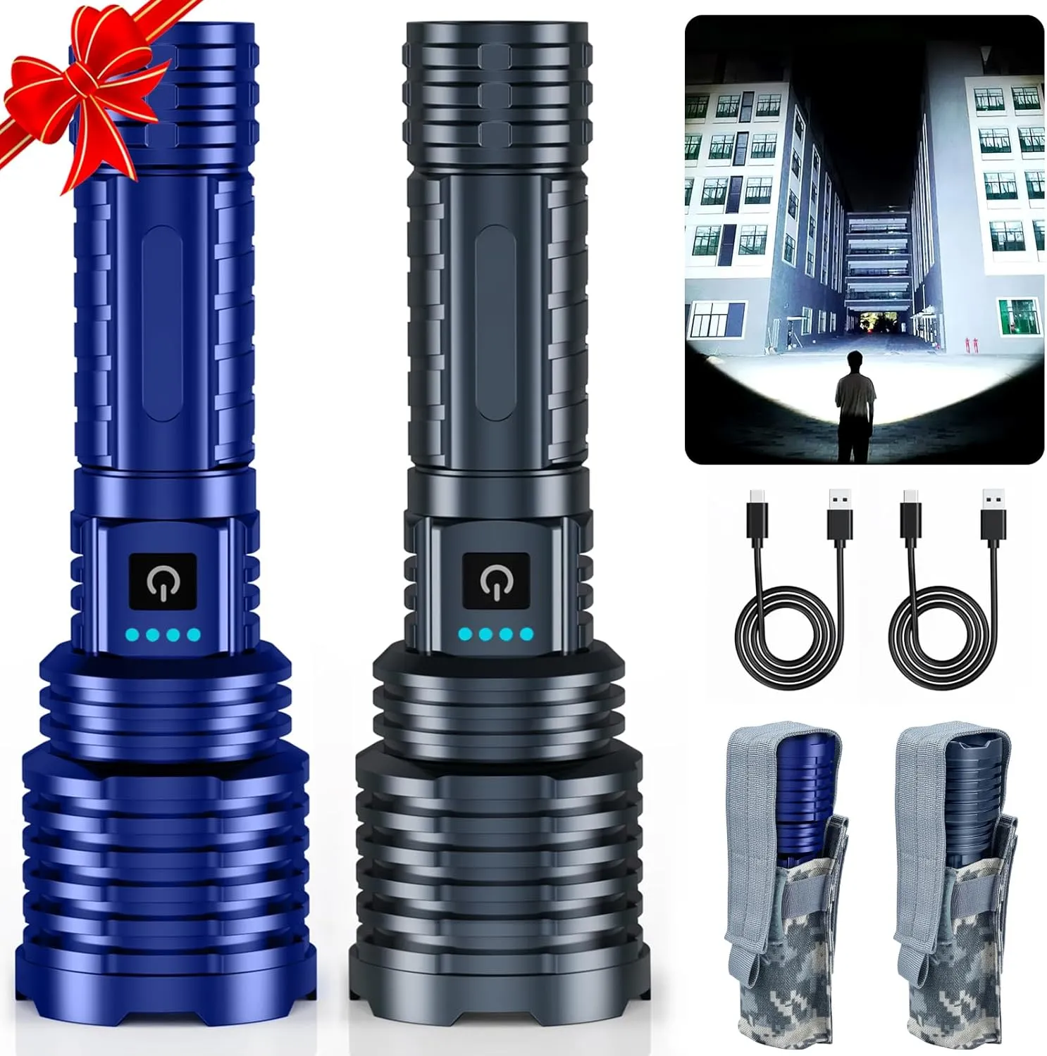 Blue&Grey Super Bright Rechargeable LED Flashlights，True High Lumens, Powerful Tactical Flashlight Up to 25H Long Battery Life |Zoomable|5Light Modes|IP67 Water Resistant for Camping