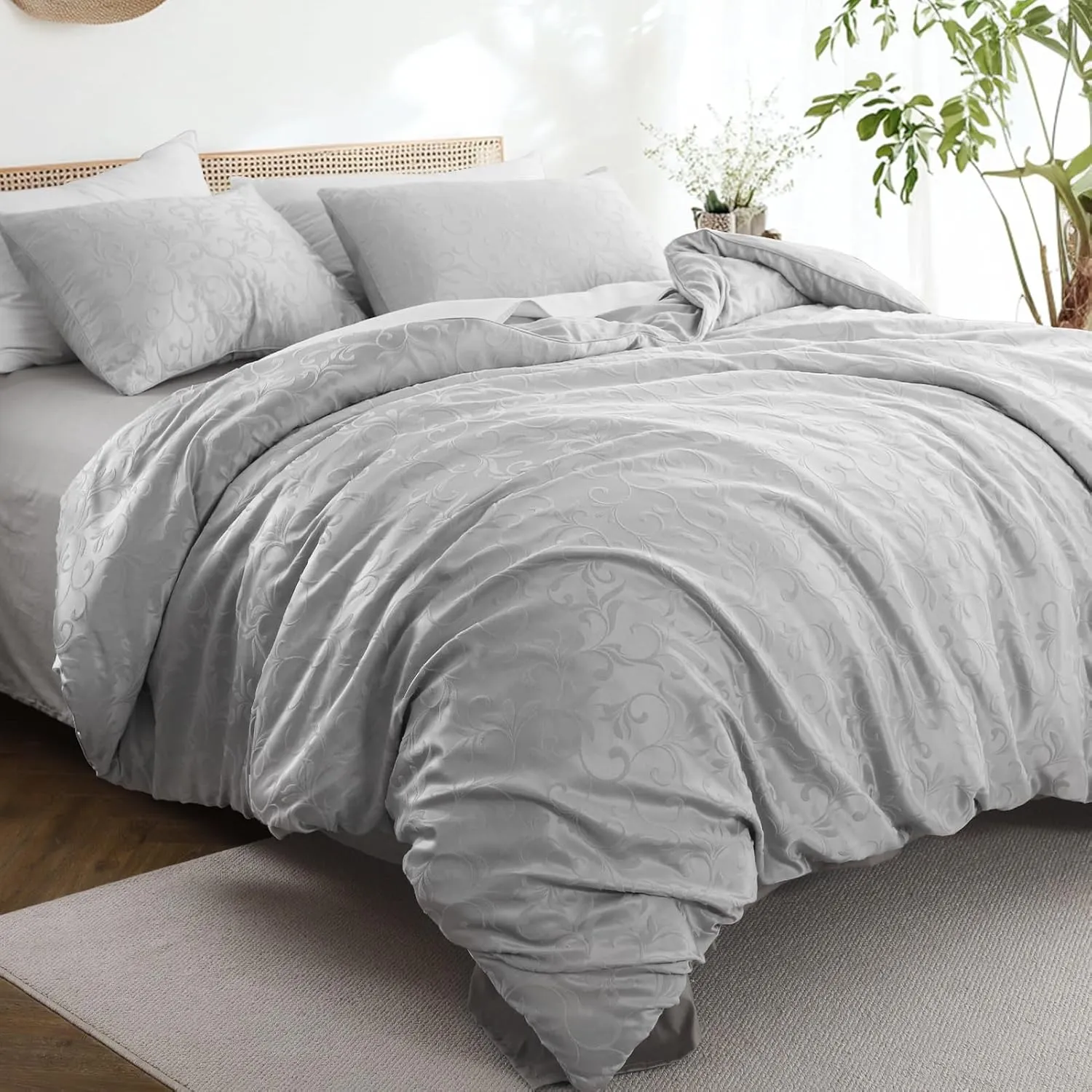 Boho Twin Duvet Cover Set, Premium Tufted Jacquard Duvet Cover Twin for All Seasons, 2 Pieces Breathable Home Bedding Set with 1 Pillow Shams, 8 Corner Ties, 7 Buttons (Grey, 68"x90")