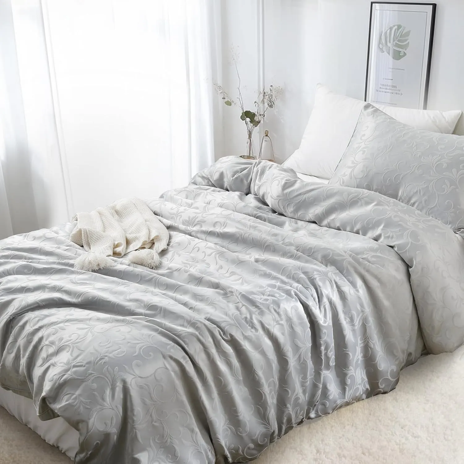 Boho Twin Duvet Cover Set, Premium Tufted Jacquard Duvet Cover Twin for All Seasons, 2 Pieces Breathable Home Bedding Set with 1 Pillow Shams, 8 Corner Ties, 7 Buttons (Grey, 68"x90")