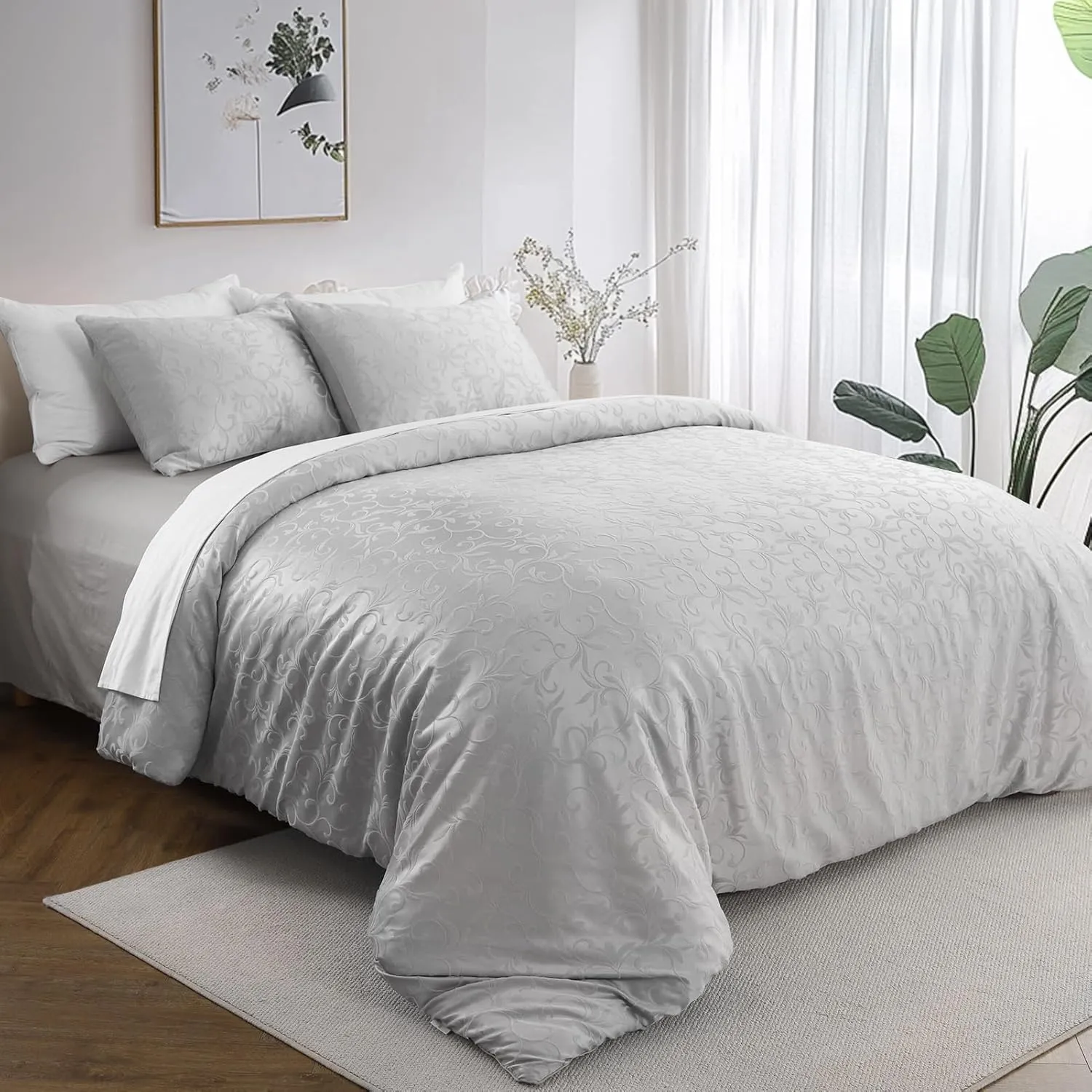 Boho Twin Duvet Cover Set, Premium Tufted Jacquard Duvet Cover Twin for All Seasons, 2 Pieces Breathable Home Bedding Set with 1 Pillow Shams, 8 Corner Ties, 7 Buttons (Grey, 68"x90")