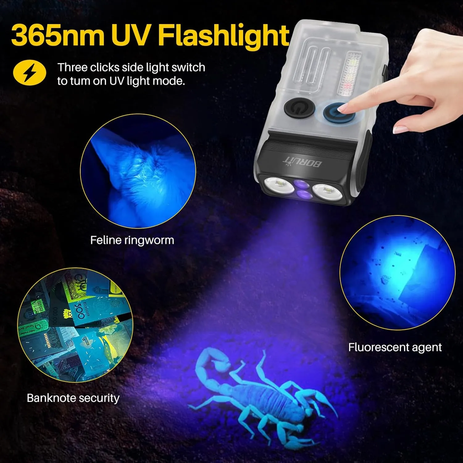 BORUIT V20 LED Small Powerful EDC Flashlight with 365nm UV Light,180°Head Swivels,Super Bright USB C Rechargeable Mini Pocket Keychain Flash Light with Clip-13 Mode,IP67,Magnetic,110DB Buzzer(White)