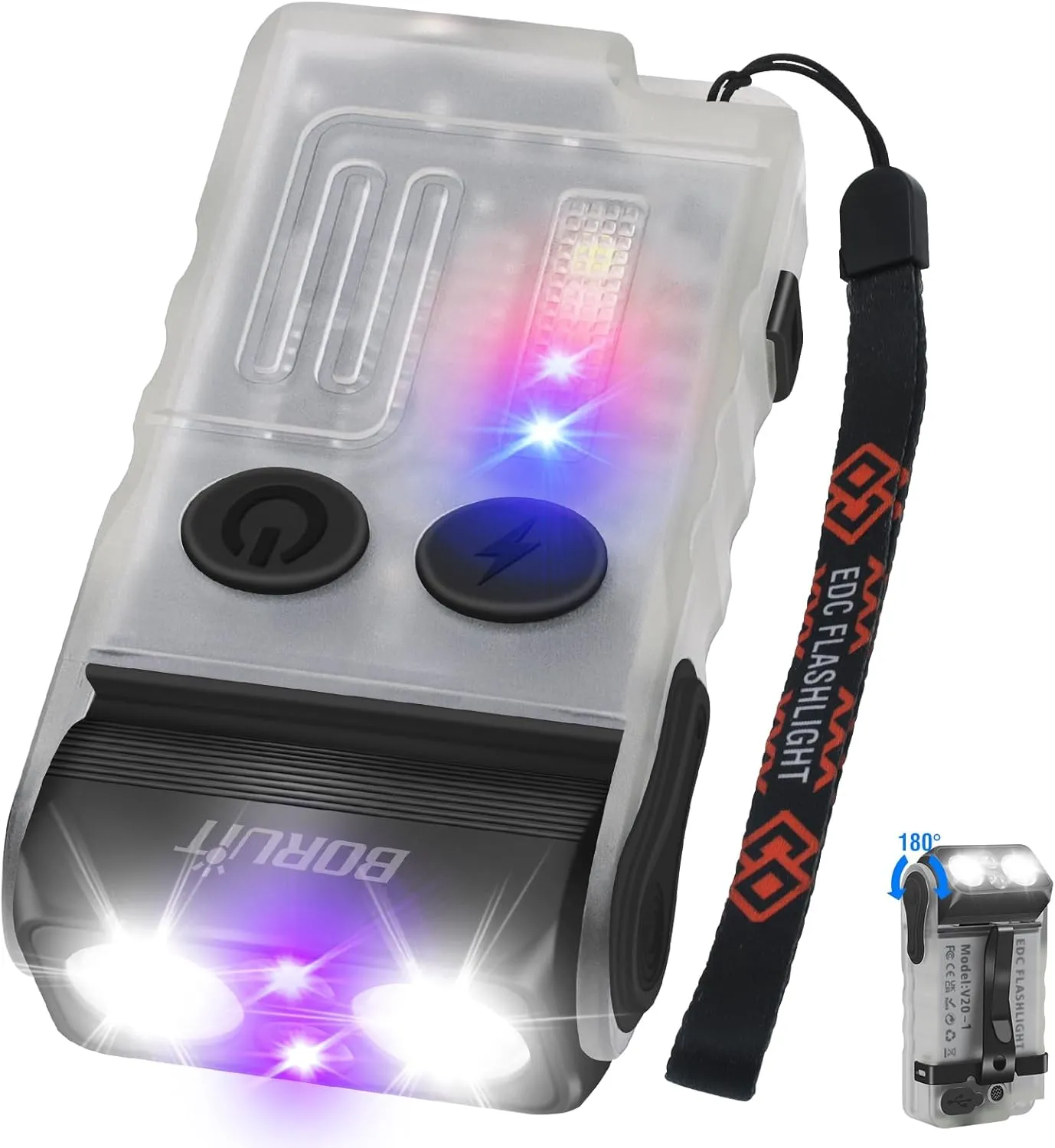 BORUIT V20 LED Small Powerful EDC Flashlight with 365nm UV Light,180°Head Swivels,Super Bright USB C Rechargeable Mini Pocket Keychain Flash Light with Clip-13 Mode,IP67,Magnetic,110DB Buzzer(White)