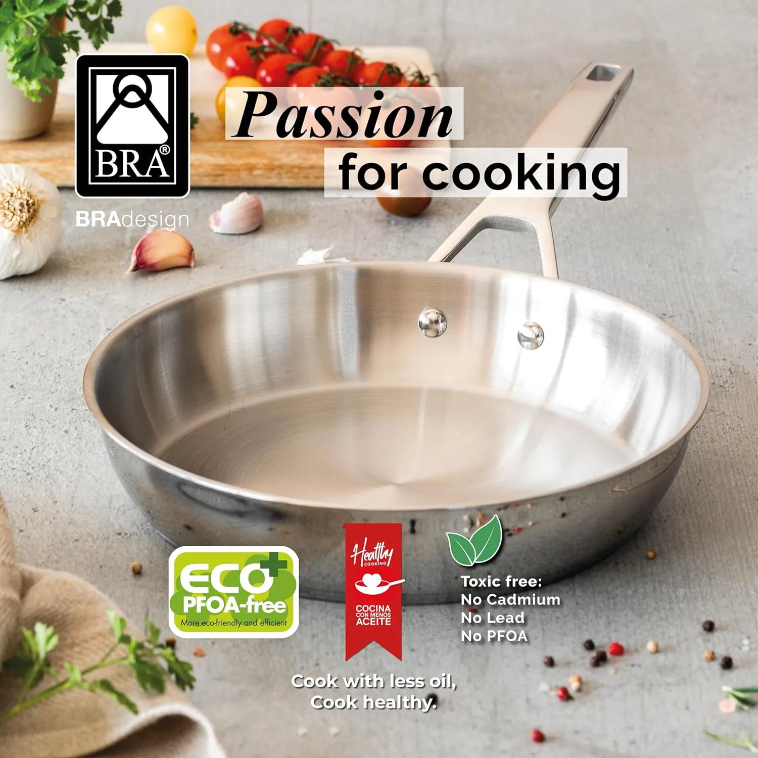 BRA COOKWARE Signature Frying Pan | 10.2 inches Professional Skillet | Stainless Steel Frypan | All Stovetop Compatible - Full Induction Skillet | PFOA Free | w/o Non-Stick Coating | Polished Finish