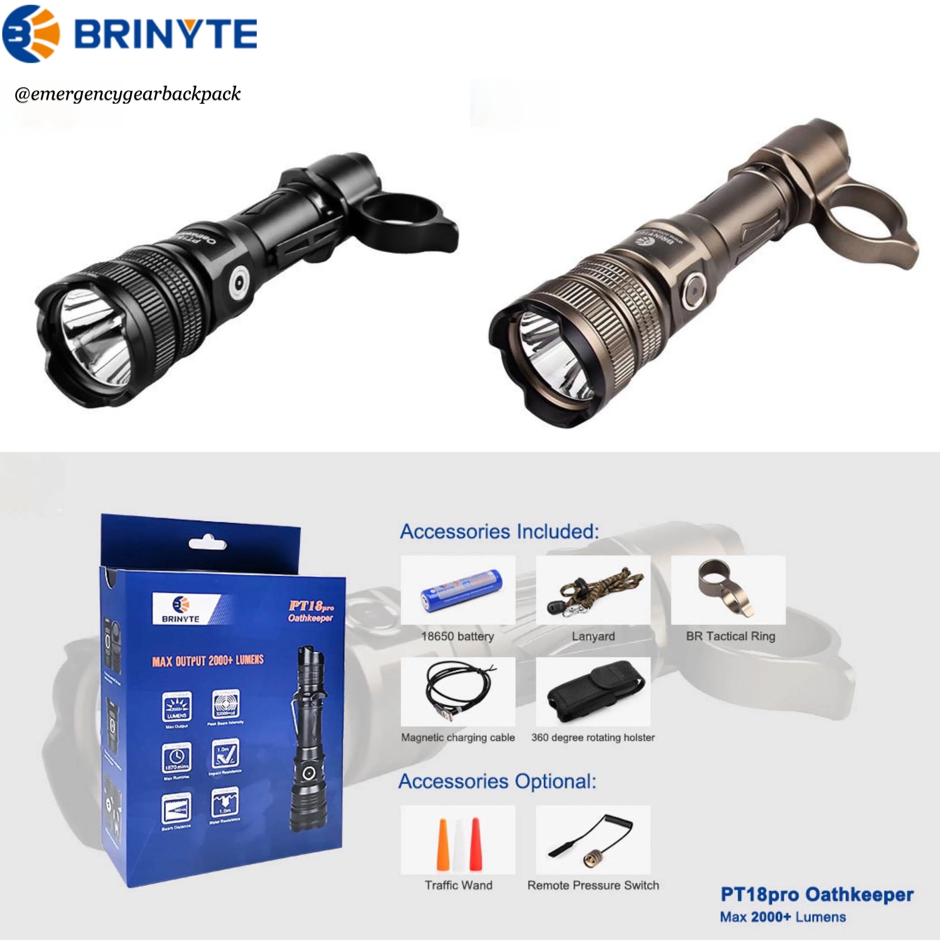 BRINYTE PT18pro Oathkeeper 2000LMS 360M Tactical Flashlight