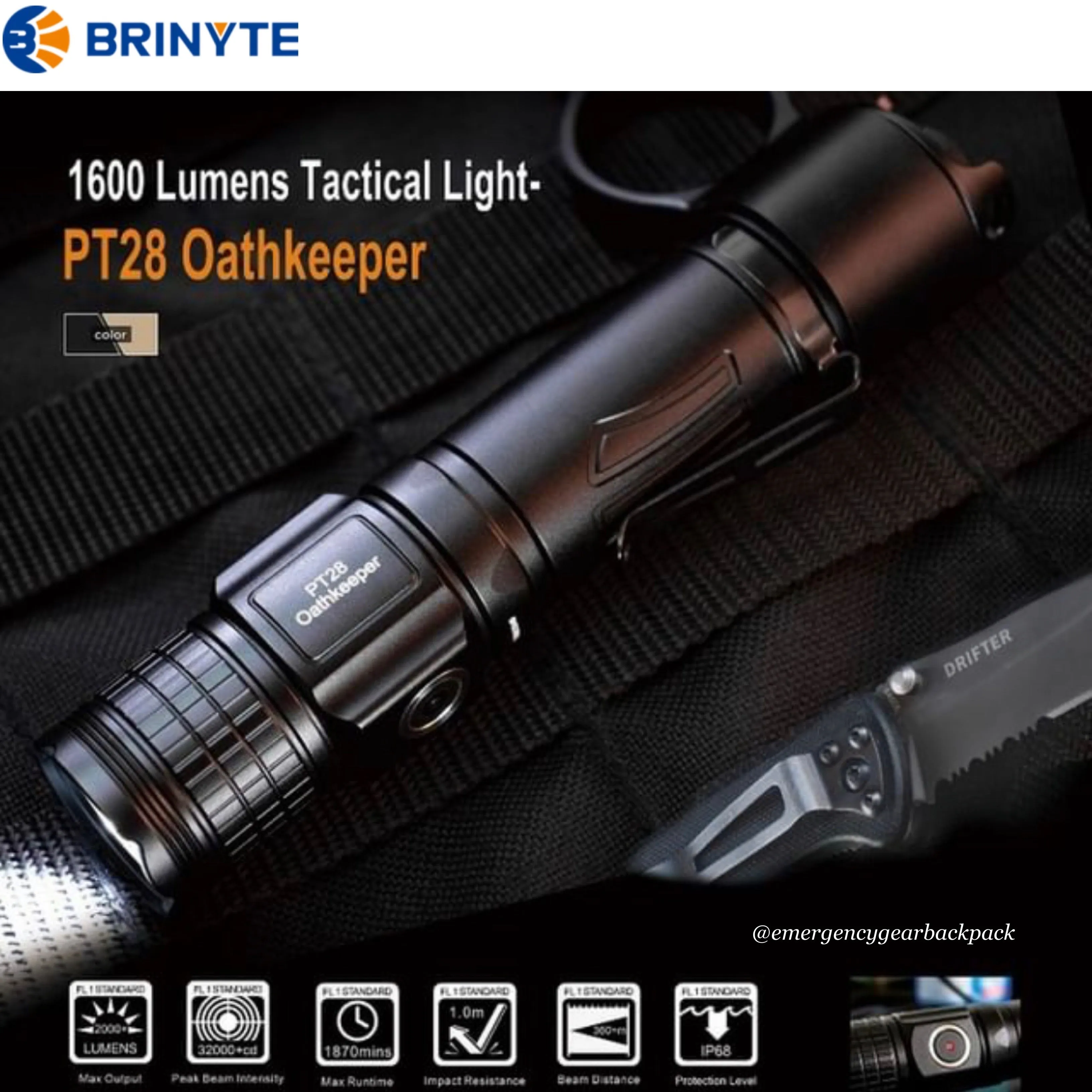 BRINYTE PT28 Oathkeeper 1600LMS 245M Tactical Flashlight