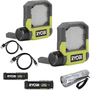 Buho USB LED Lithium Flip Light Bundle with 2 Each Ryobi Flip Lights, 2 USB Lithium 2.0 Ah 4-Volt Lithium-ion Batteries, Charging Cables Pocket Flashlight