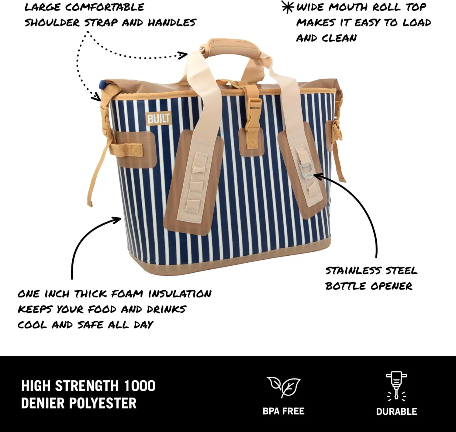BUILT Large Welded Soft Portable Cooler with Wide Mouth Opening Insulated and Leak-Proof Atlantic Stripe