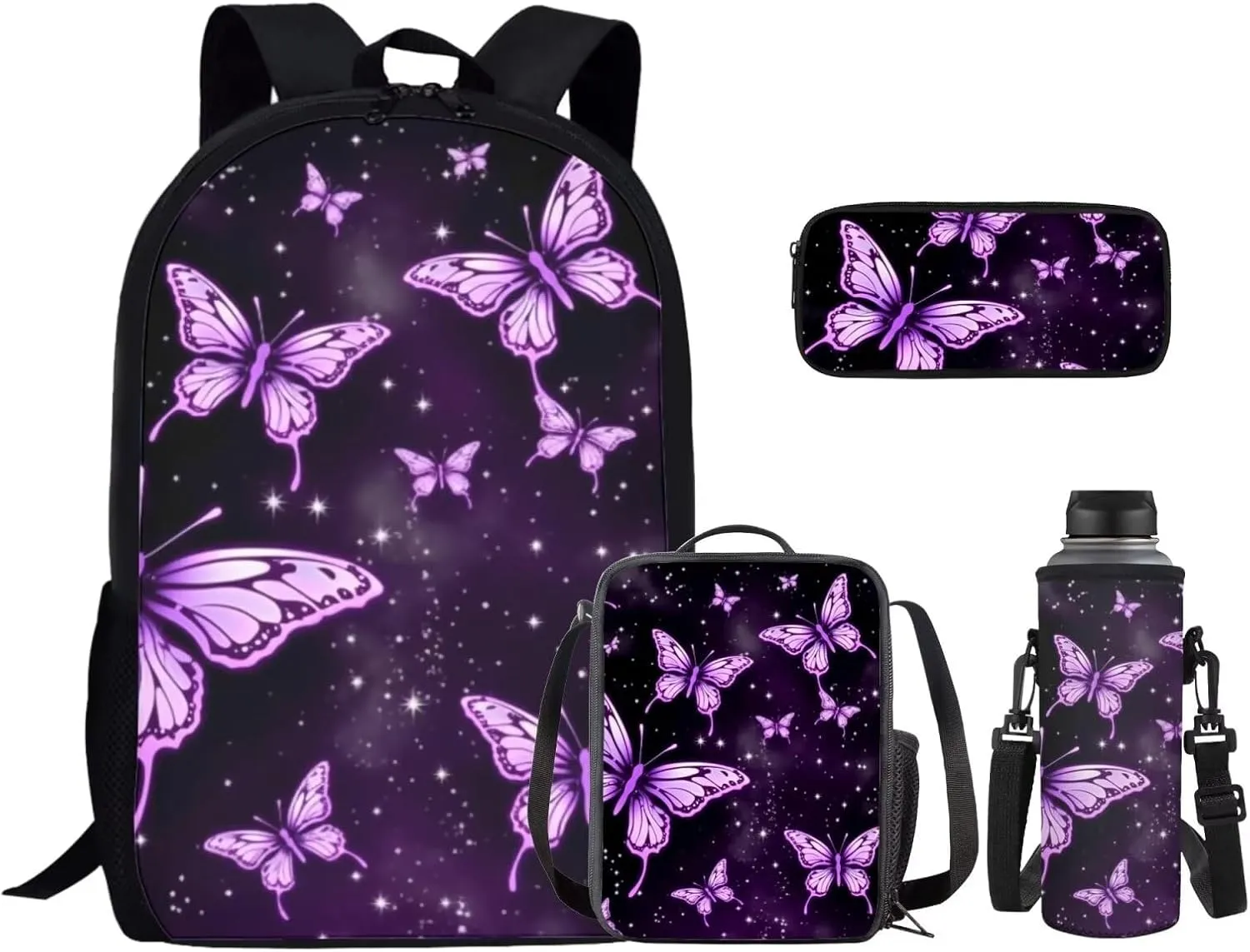 Butterfly Print School Backpack Set for Boys with Lunch Box Pencil Case and Water Bottle Case Cover School Backpack Kids Backpack for Boys 6-8 Casual Daypack School Boys and Girls